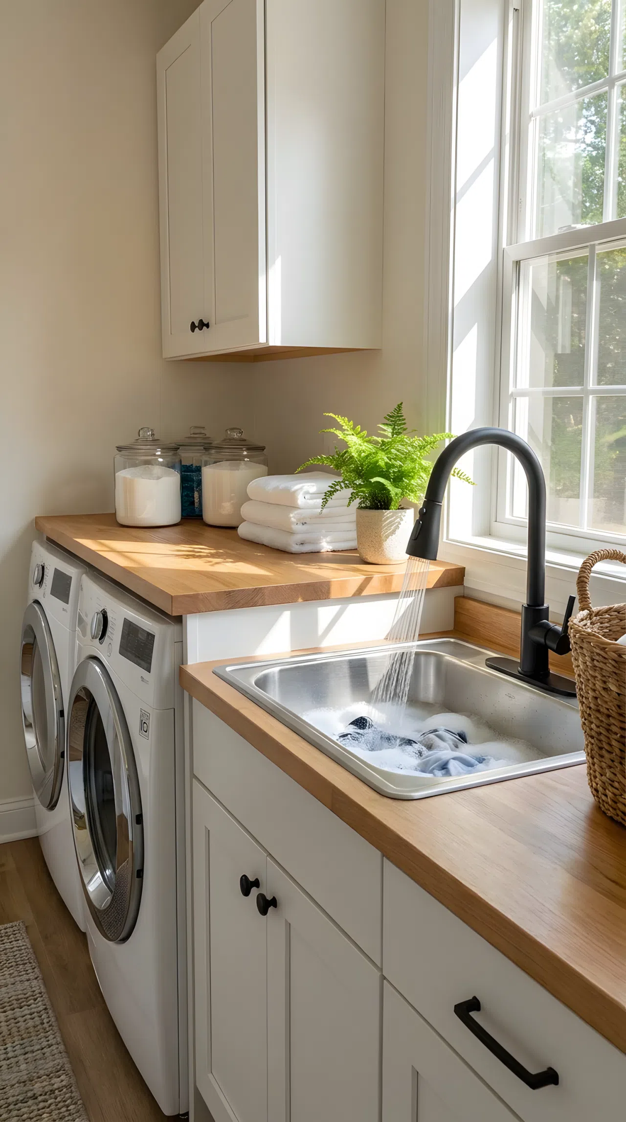 A real-life laundry sink with a sleek pull-down retractable faucet sprayer extended over the basin, washing machine visible beside the sink, bright natural light, clean organized countertop, neatly made, beautifully arranged, vibrant realistic photography, no render.