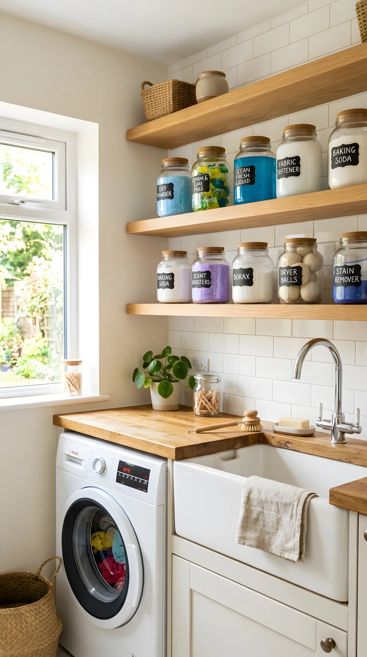 A real-life laundry sink with floating wood shelves above holding neatly labeled clear glass jars filled with colorful detergent, washing machine beside the sink, bright natural light, organized clean shelving, beautifully arranged, vibrant colorful contents, realistic stock photography.