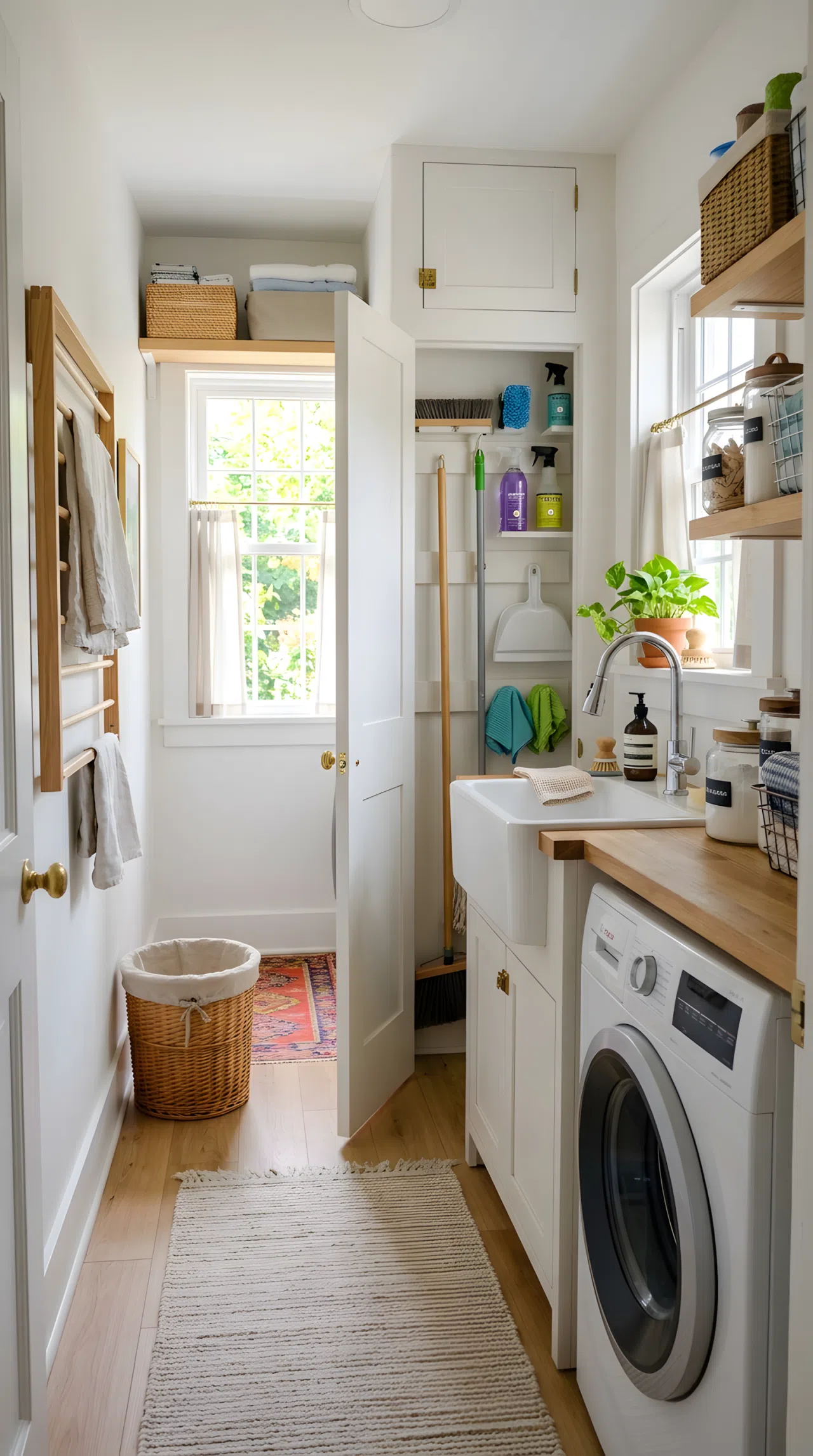 A real-life narrow laundry room with a sink beside a tall slim closet door concealing cleaning tools, washing machine positioned nearby, bright natural light, neatly made, organized, clean, beautifully arranged, vibrant fresh colors, realistic photography, no illustration.