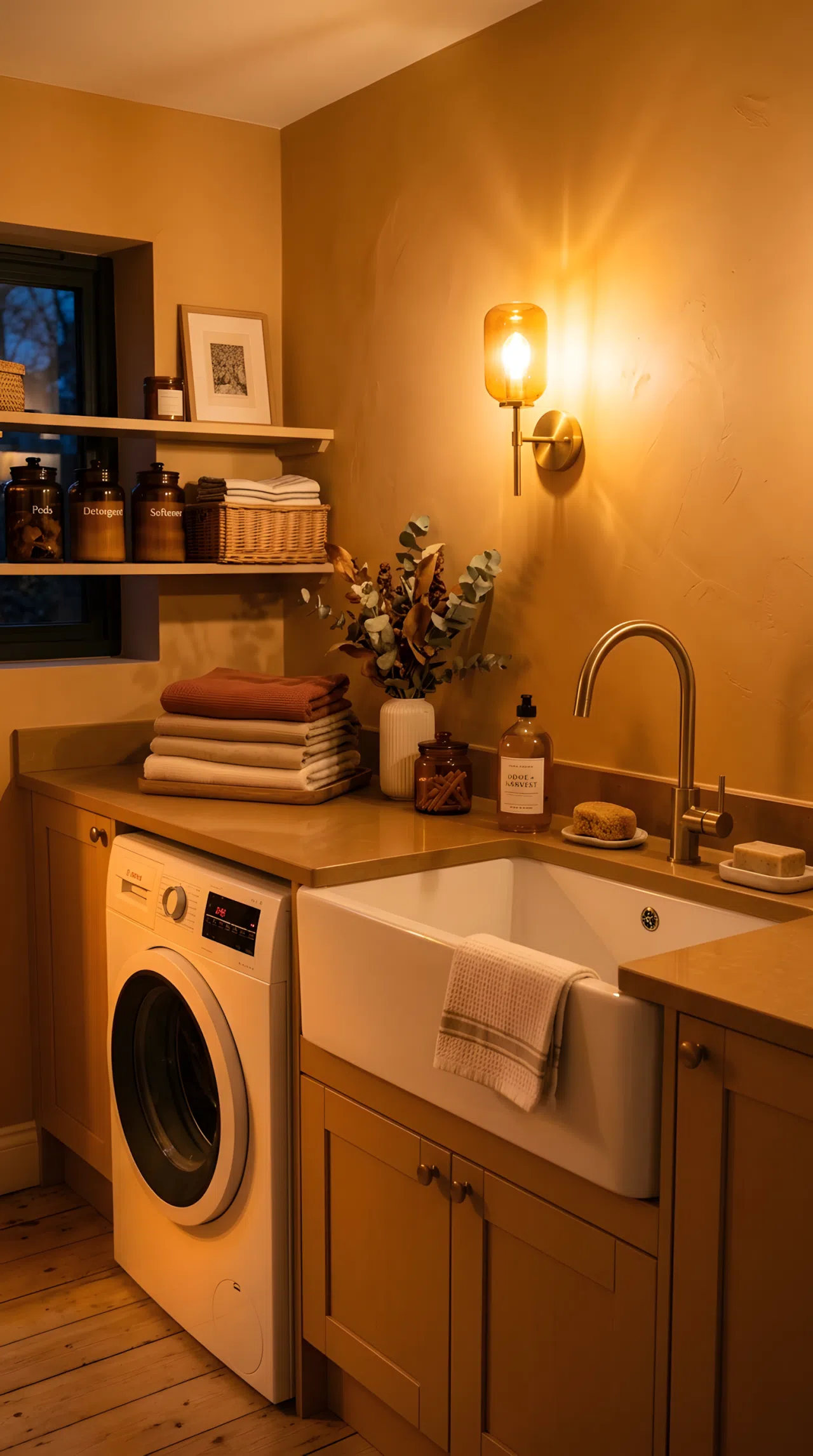 A real-life laundry sink with a warm amber wall sconce mounted at eye level to the side casting soft directional light across the basin and countertop, washing machine visible under the same warm glow, neatly made, organized, clean, beautifully arranged, vibrant amber tones, realistic evening photography.