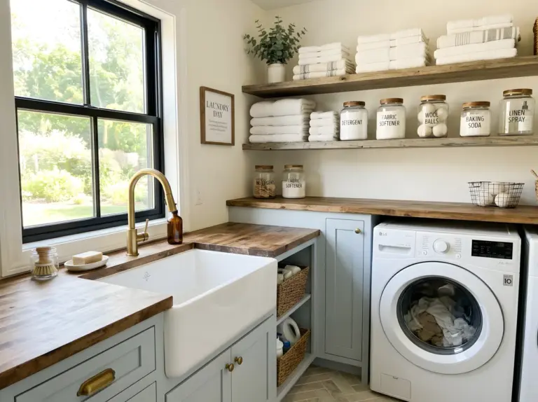 A real-life laundry room featuring a neatly made farmhouse-style sink as the focal point, a washing machine visible right beside it, open shelving above stacked with folded towels and labeled glass jars, bright natural light streaming in from a nearby window, beautifully arranged, organized, clean, vibrant fresh tones, shot in a candid stock-photography style, no illustration, no 3D render.