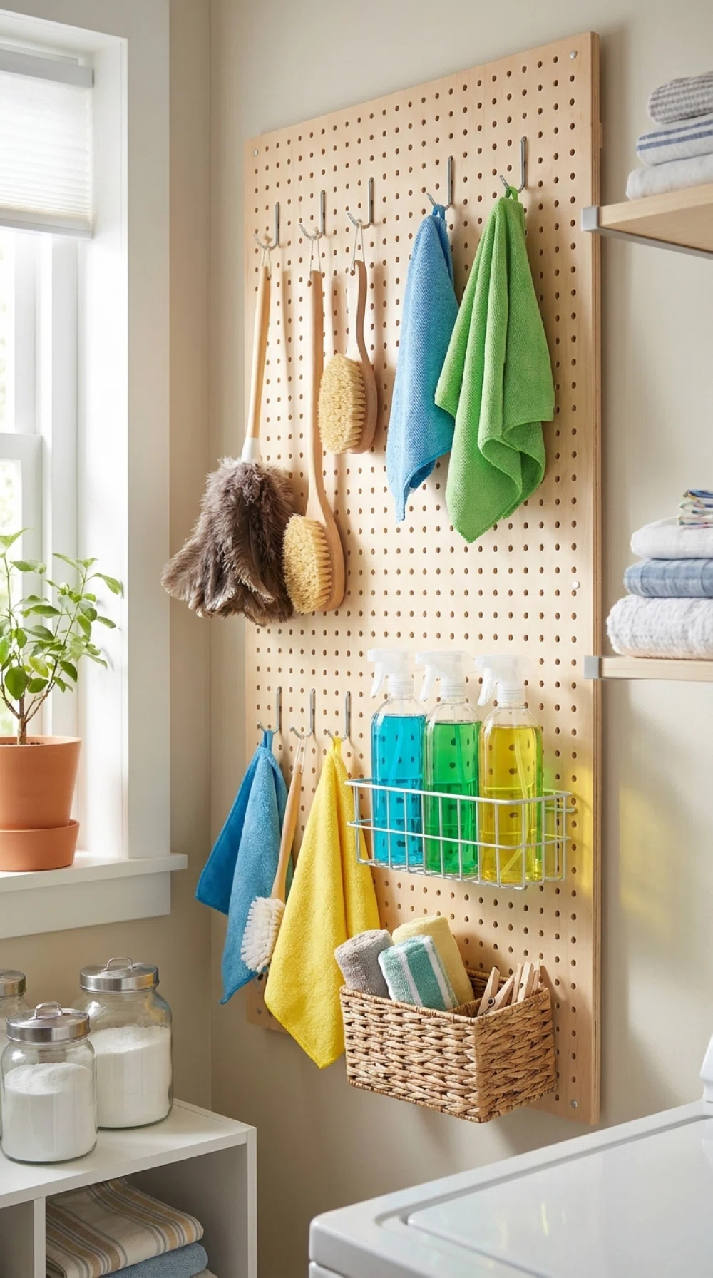 Real-life photo, bright natural light, organized pegboard wall in a laundry room with hooks holding neatly arranged cleaning tools, spray bottles, and a small woven basket, soft daylight from a nearby window, vibrant colors, clean and beautifully arranged, no people, realistic everyday home setting.