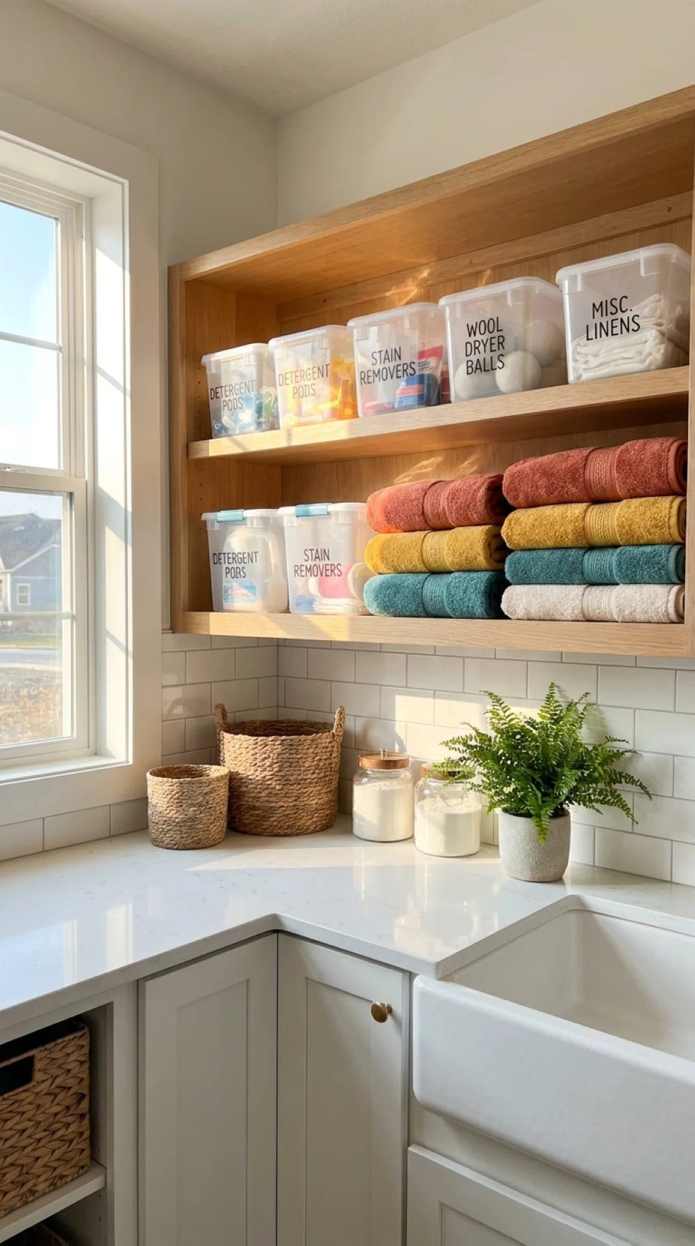 Real-life photo, bright natural light streaming through a window highlighting clear labeled storage bins on an open shelf, neatly made rows of folded towels beside them, organized and clean laundry counter, vibrant fresh colors, beautifully arranged, no people.