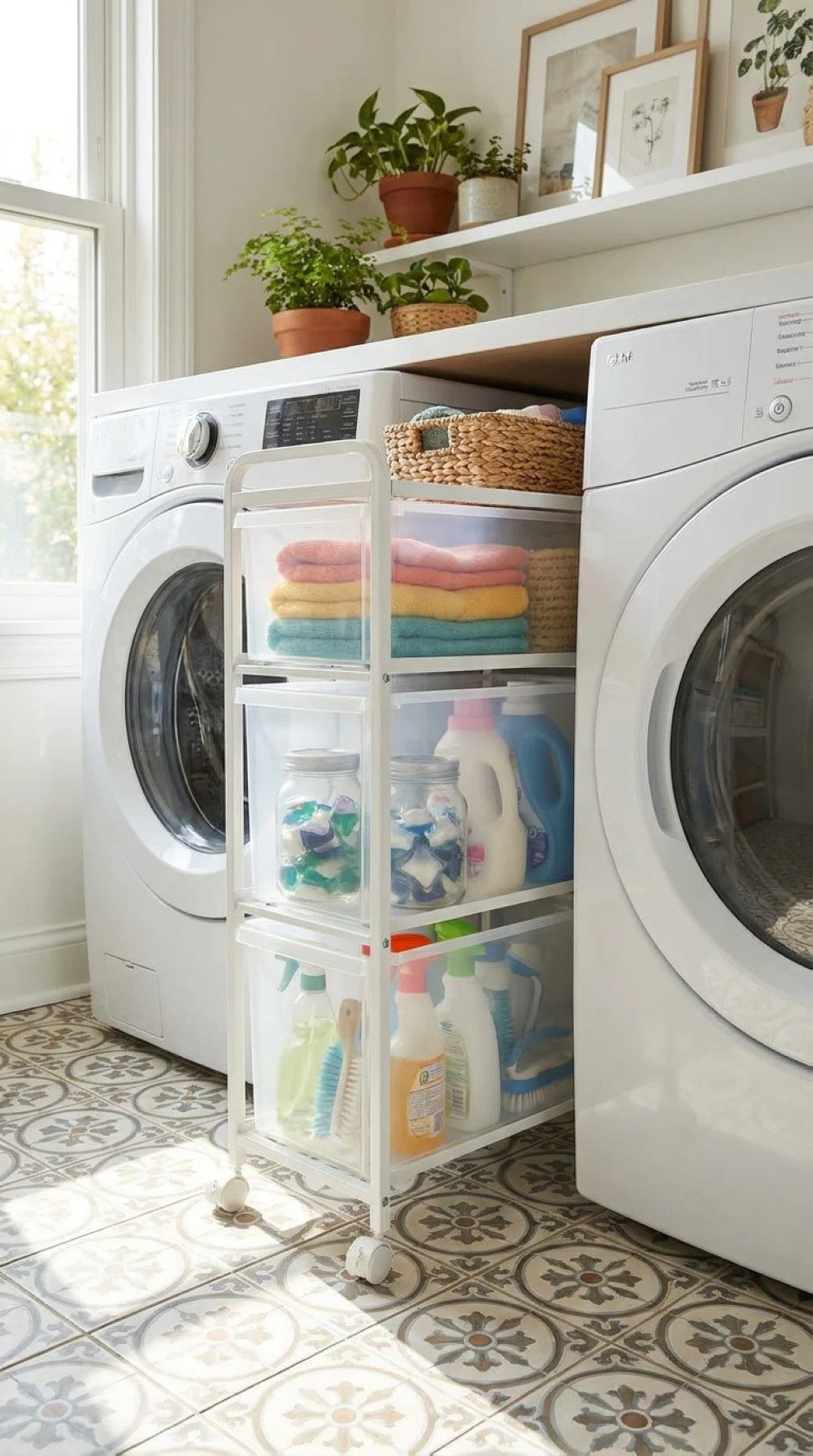 Real-life photo, bright natural light, slim rolling storage cart with three organized drawers tucked between a washer and dryer, neatly arranged laundry supplies visible, clean tile floor, vibrant colors, beautifully arranged, Pinterest-style laundry room, no people.