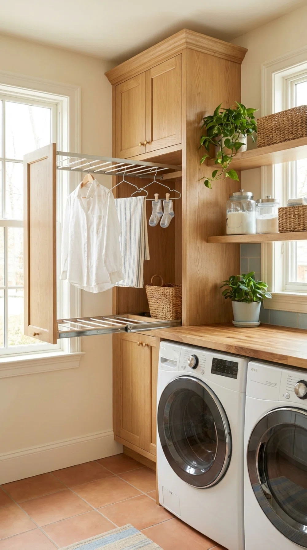 Real-life photo, bright natural light, wooden cabinet with a fold-down drying rack extended holding a few neatly hung clothes, clean organized laundry room, vibrant fresh tones, beautifully arranged, everyday realistic setting, no people.