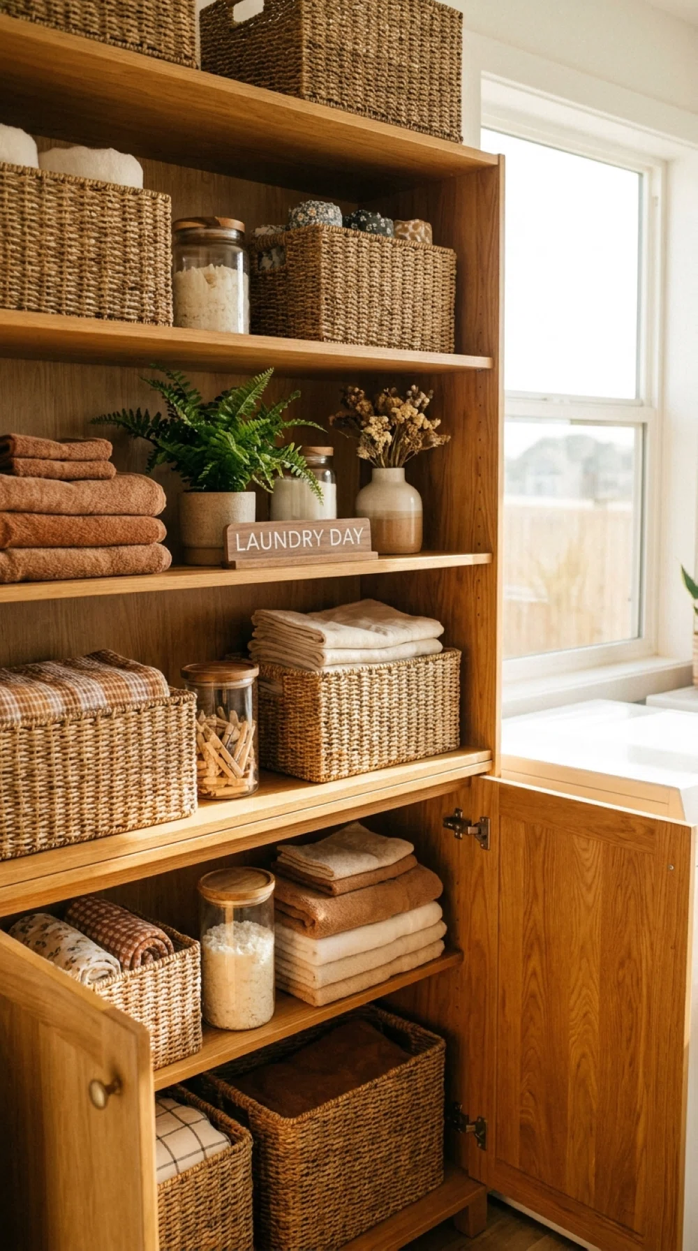Real-life photo, bright natural light, open wooden shelving in a laundry room with neatly arranged woven baskets holding folded linens and towels, clean organized aesthetic, vibrant warm tones, beautifully arranged, Pinterest-inspired, no people.