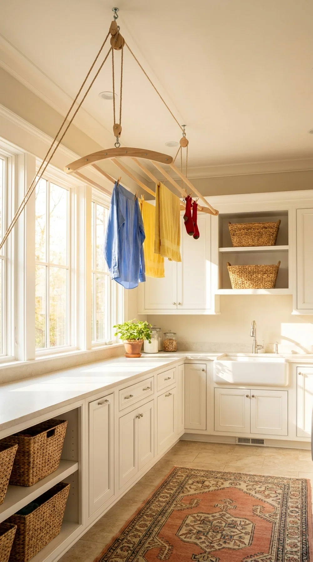 Real-life photo, bright natural light, ceiling-mounted pulley drying rack lowered with a few neatly hung clothes in a clean laundry room, vibrant colors, beautifully arranged, organized everyday home setting, no people.