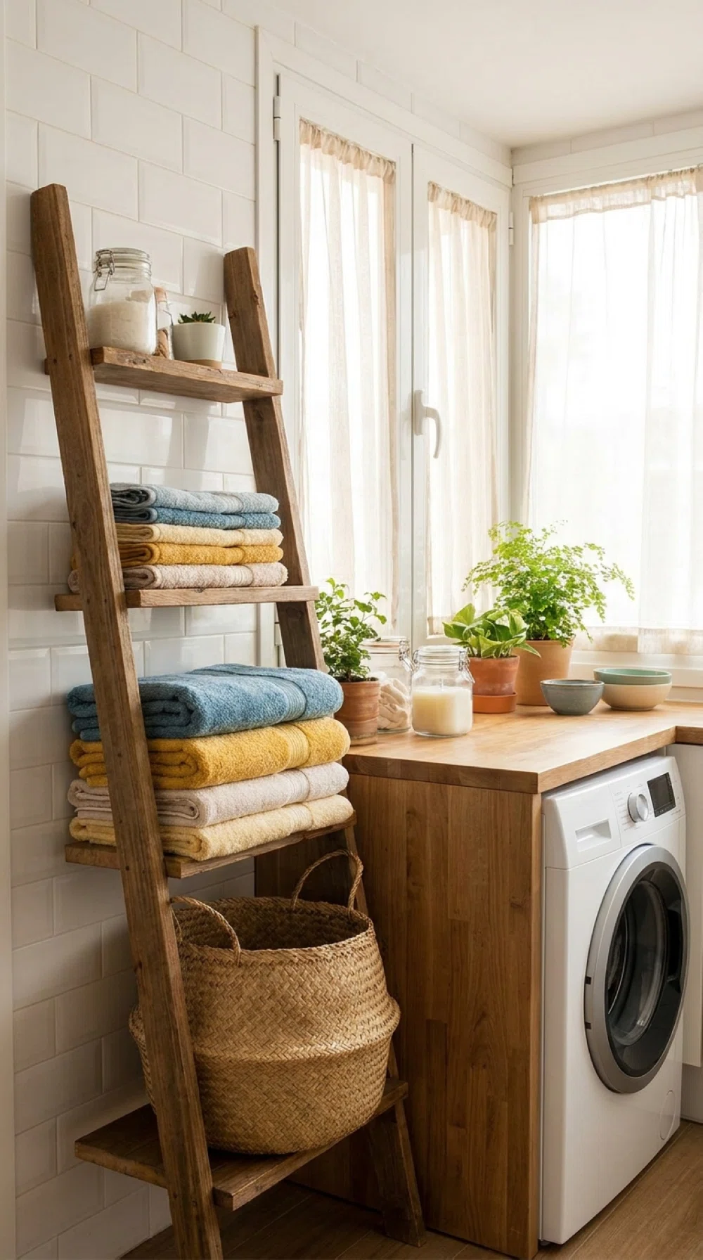 Real-life photo, bright natural light, wooden ladder shelf in the corner of a laundry room holding neatly folded towels and a woven basket, clean organized space, vibrant tones, beautifully arranged, realistic home interior, no people.