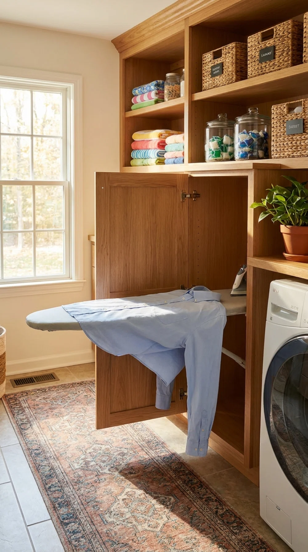 Real-life photo, bright natural light, cabinet door open with a fold-out ironing board extended, neatly pressed shirt draped over it, clean organized laundry room, vibrant colors, beautifully arranged, realistic home setting, no people.
