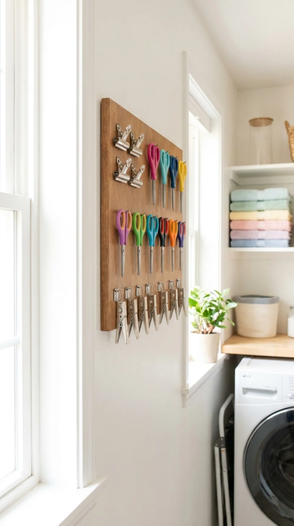Real-life photo, bright natural light, magnetic strip mounted on a laundry room wall holding small scissors and metal clips neatly arranged, clean bright background, vibrant colors, beautifully arranged, realistic home photography, no people.