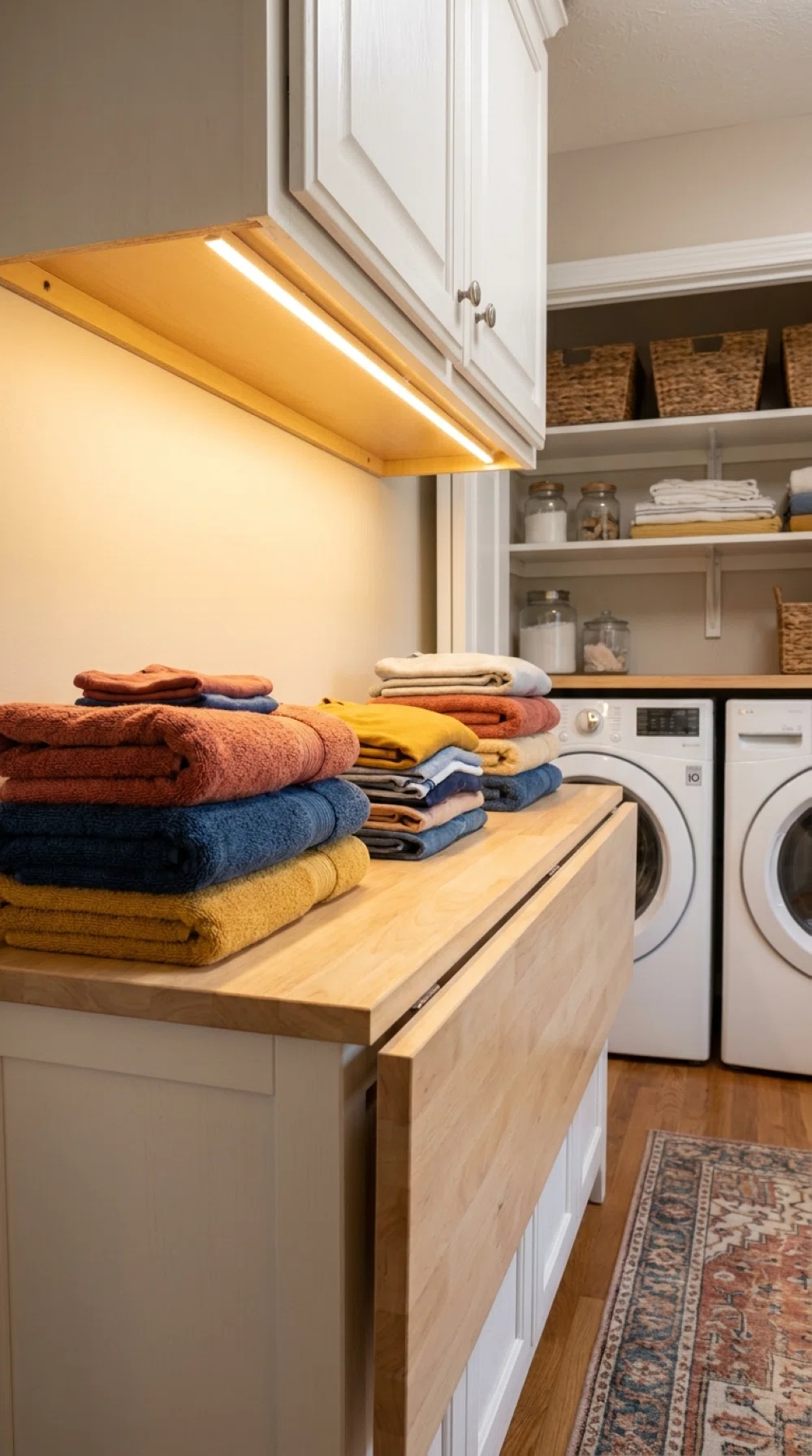 Real-life photo, under-cabinet task light positioned directly above a folding counter, warm bright light angled forward casting even glow across neatly folded laundry with no visible shadows, clean organized laundry room, vibrant colors, beautifully arranged, realistic home setting, no people.