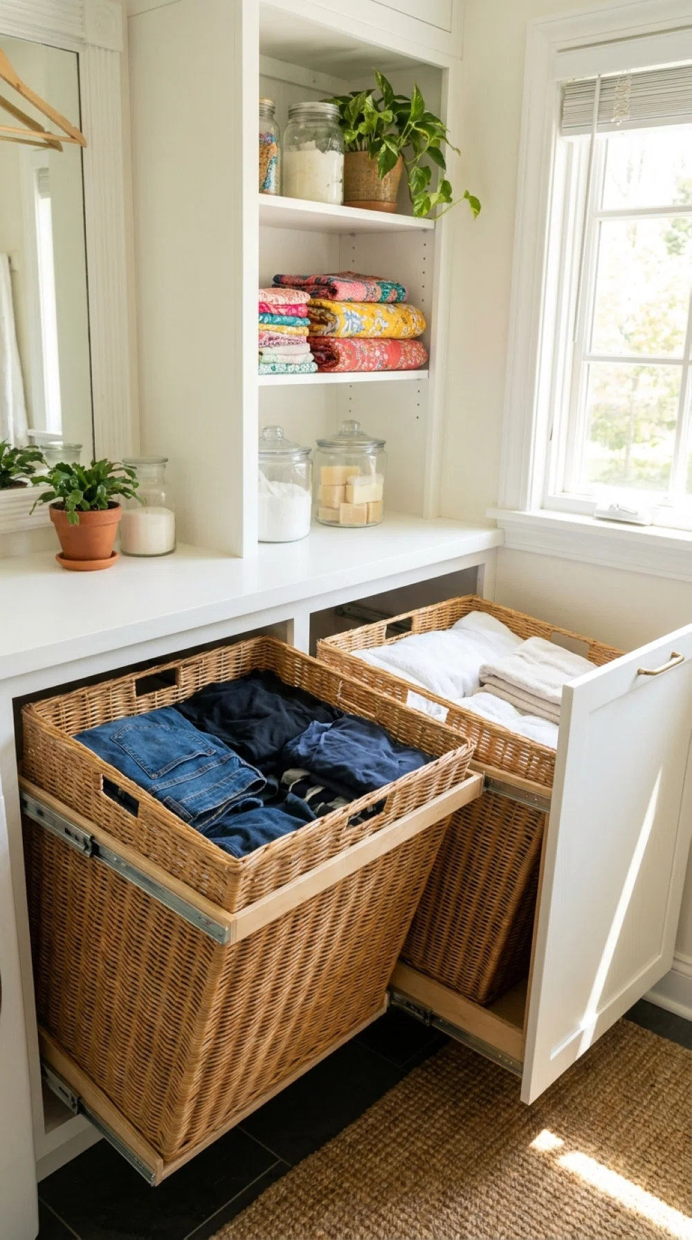 Real-life photo, bright natural light, built-in cabinet with slide-out hamper drawers pulled open showing neatly separated laundry, clean organized laundry room, vibrant colors, beautifully arranged, realistic home interior, no people.