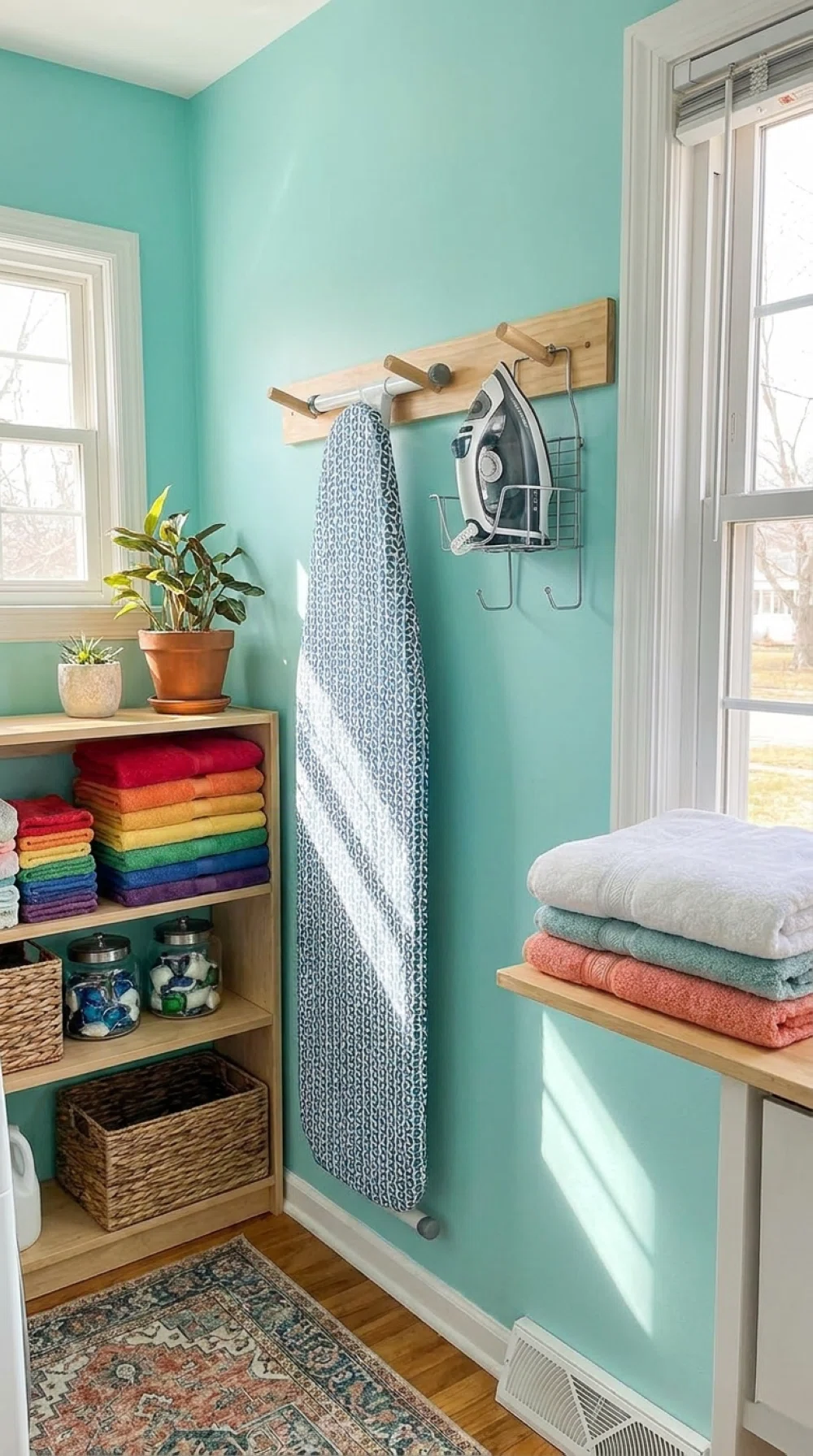 Real-life photo, bright natural light, ironing board mounted flat on a wall rack beside a hanging iron holder, clean organized laundry room, vibrant colors, beautifully arranged, realistic everyday home setting, no people.
