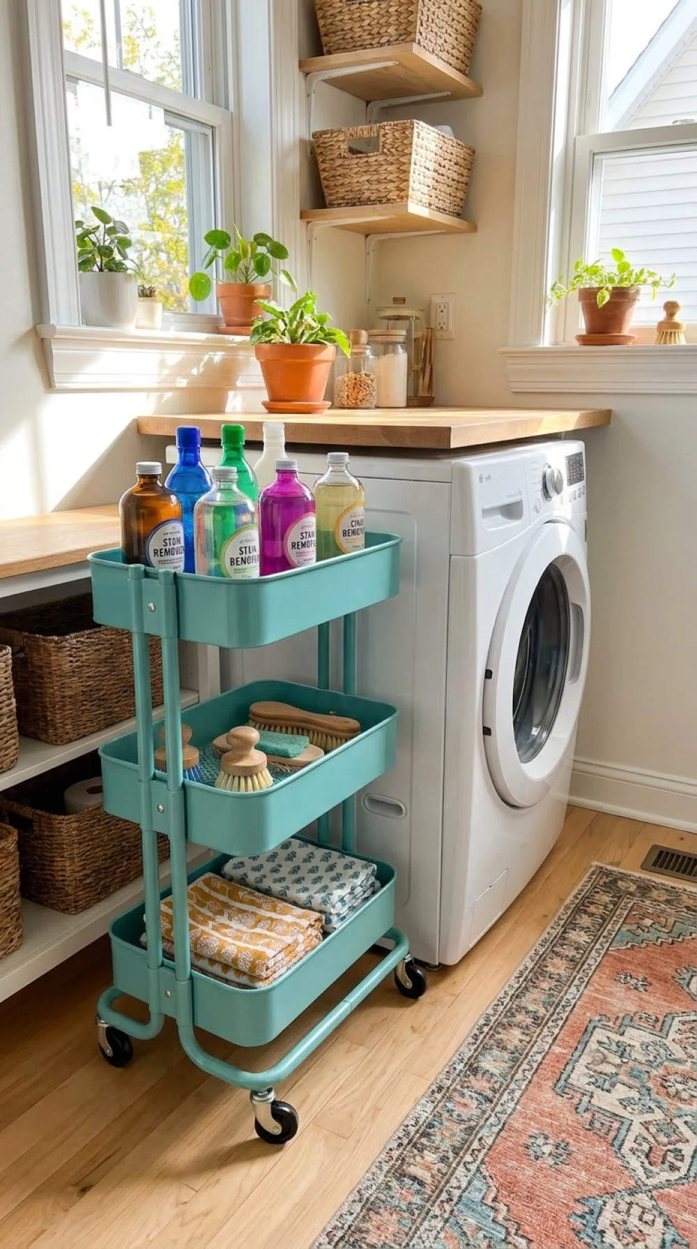 Real-life photo, bright natural light, small three-tier bar cart beside a washing machine holding neatly arranged stain removers and brushes, clean organized laundry room, vibrant colors, beautifully arranged, realistic home photography, no people.