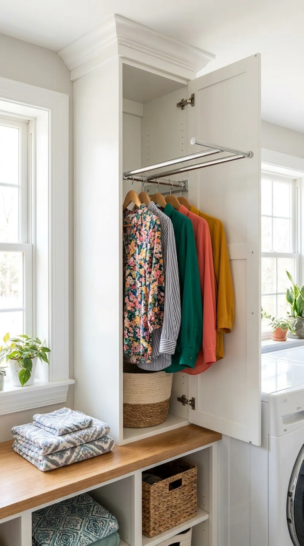 Real-life photo, bright natural light, slim closet with a retractable rod extended holding a few neatly hung blouses on hangers, clean organized laundry room, vibrant colors, beautifully arranged, realistic home setting, no people.