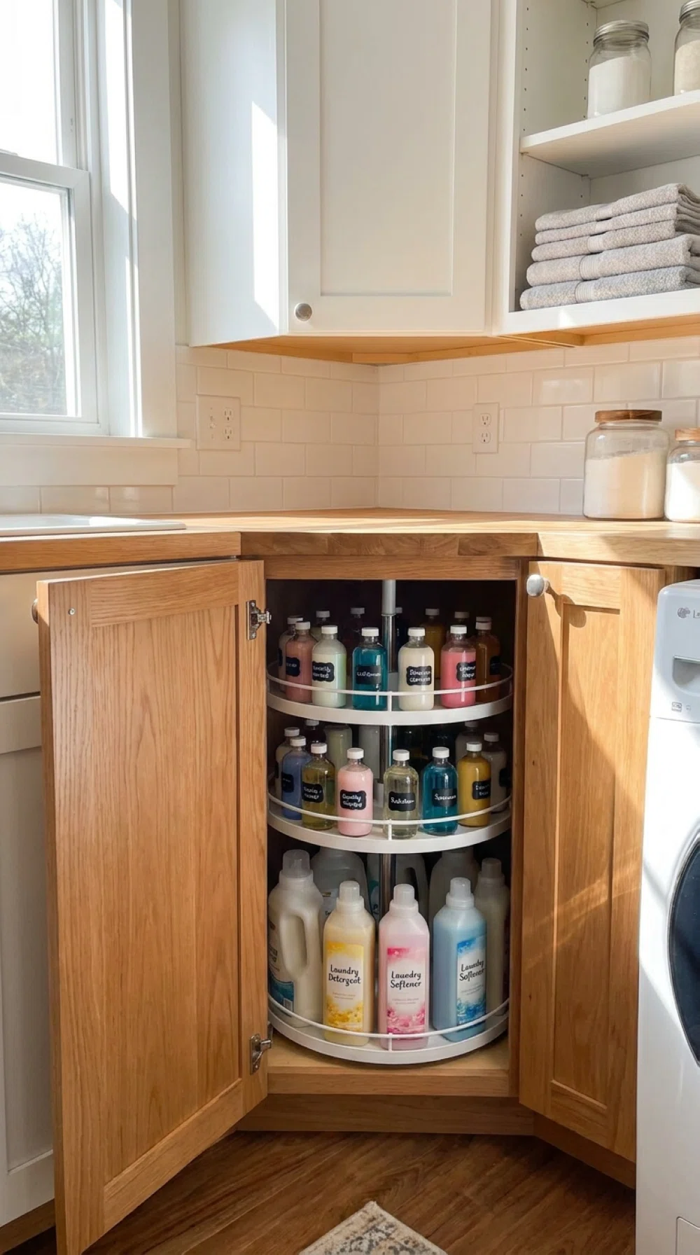 Real-life photo, bright natural light, corner cabinet open showing a tiered rotating lazy Susan with neatly arranged small laundry bottles, clean organized space, vibrant colors, beautifully arranged, realistic home interior, no people.