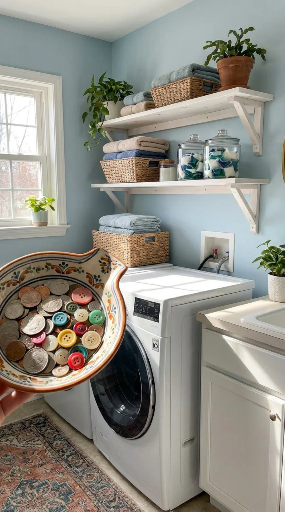 Real-life photo, bright natural light, shallow shelf mounted above a washing machine holding a small neat dish with coins and buttons, clean organized laundry room, vibrant colors, beautifully arranged, realistic home setting, no people.