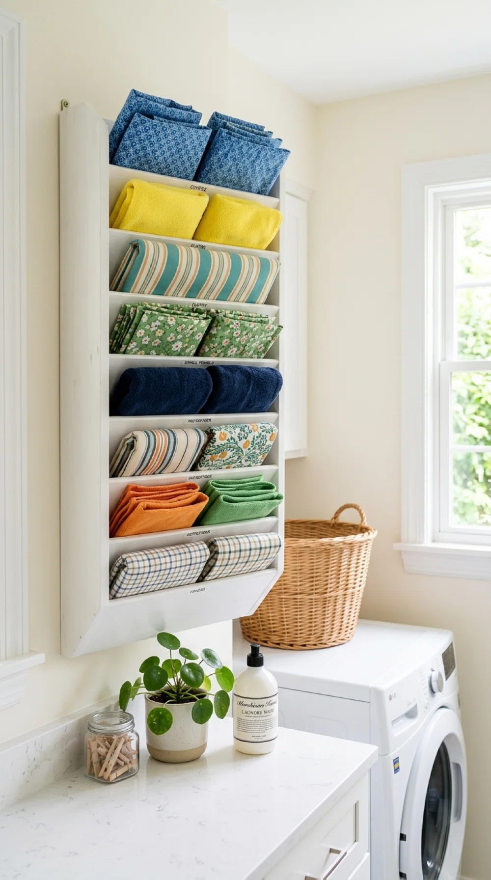 Real-life photo, bright natural light, vertical file rack mounted on a laundry room wall holding neatly folded fabric covers and cloths standing upright, clean organized space, vibrant colors, beautifully arranged, realistic home interior, no people.
