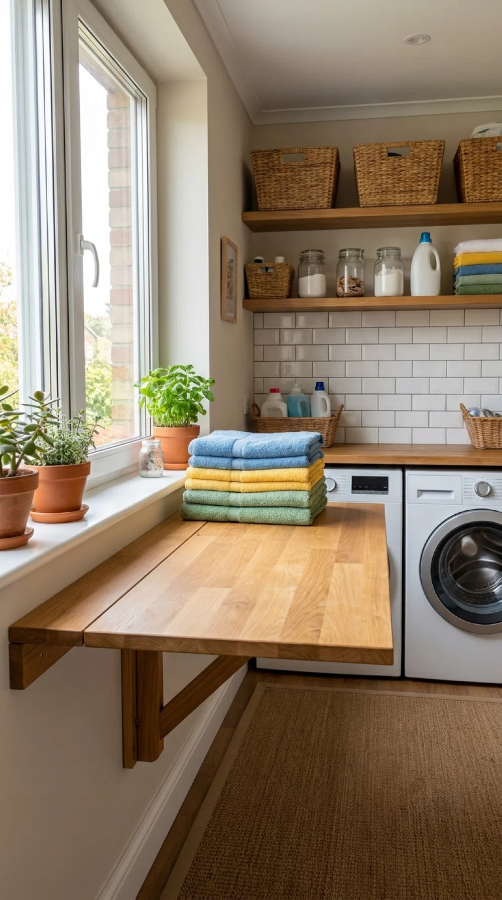 Real-life photo, bright natural light, wall-mounted fold-down table extended in a narrow laundry room with neatly folded towels on top, clean organized space, vibrant colors, beautifully arranged, realistic home setting, no people.