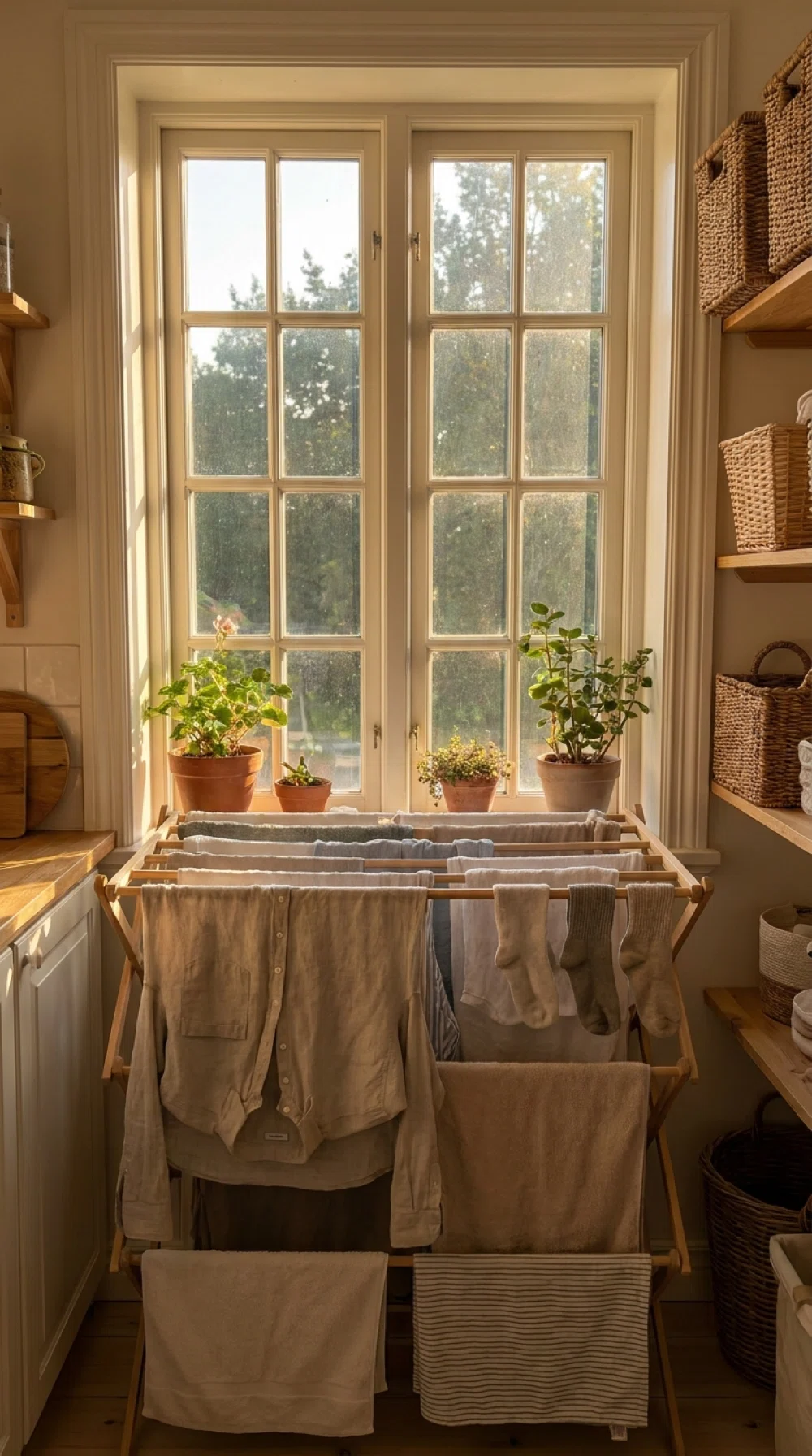 Real-life photo, drying rack positioned directly beside a large window with strong warm sunlight streaming in and falling across neatly hung clothes, clean organized laundry room, vibrant natural colors, beautifully arranged, realistic home setting, no people.