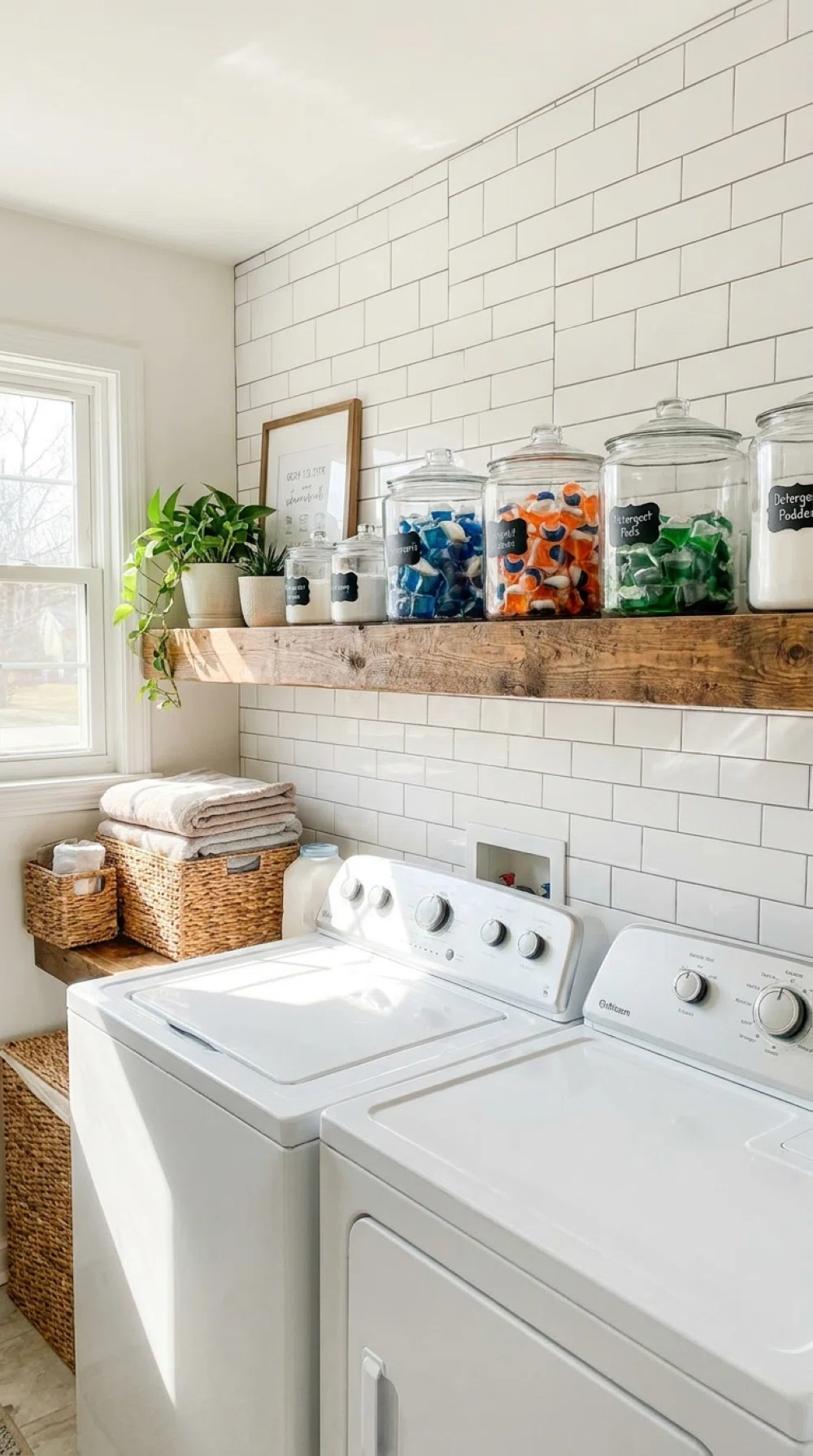 Real-life photo, bright natural light, floating wooden shelf holding glass jars filled with detergent pods and powder, clean organized laundry room, vibrant colors, beautifully arranged, realistic home photography, no people.