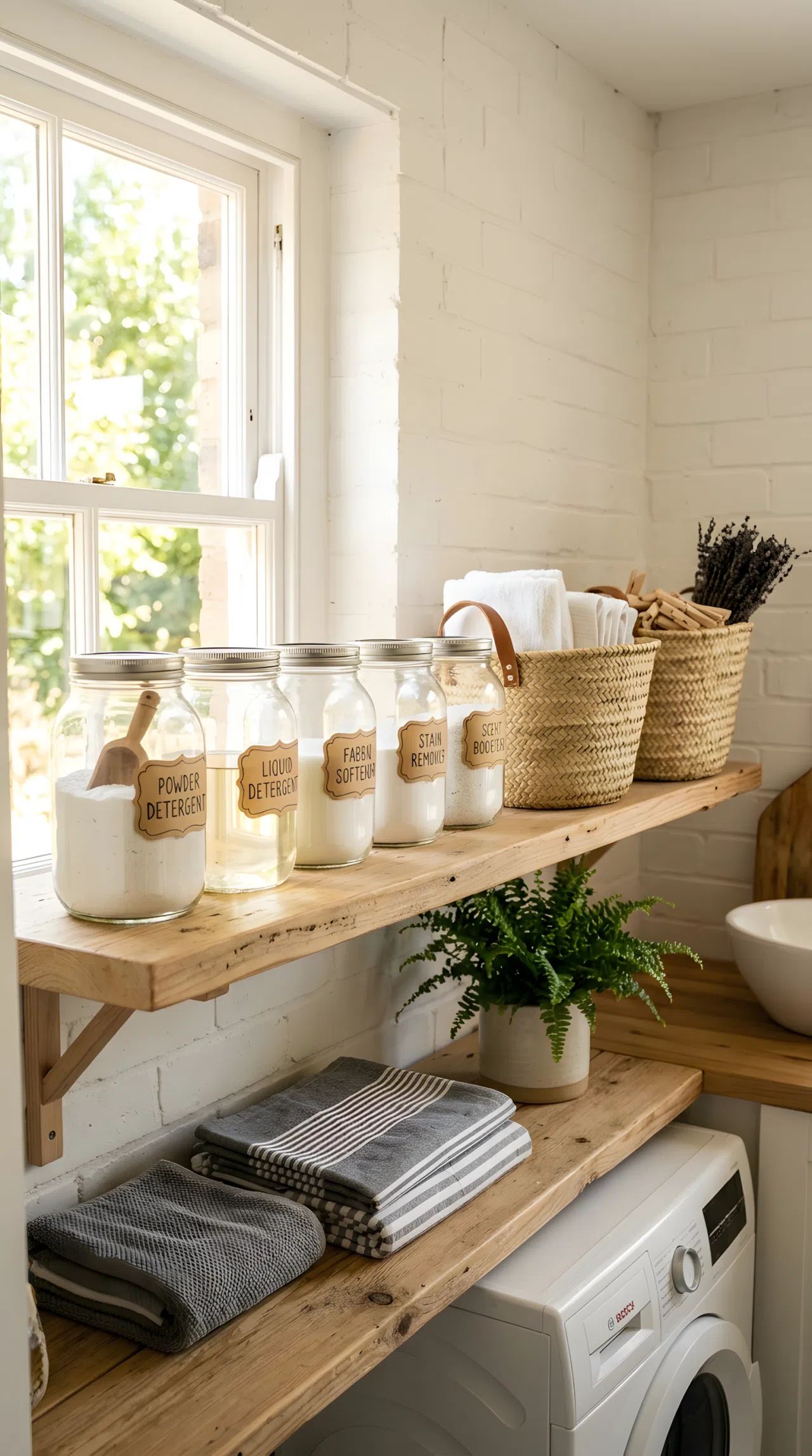 A photo of a bright, sunlit laundry room shelf with labeled glass jars filled with detergent, neatly arranged next to woven baskets, natural wood shelving, bright natural light, clean and organized, beautifully arranged, real-life stock photo style.