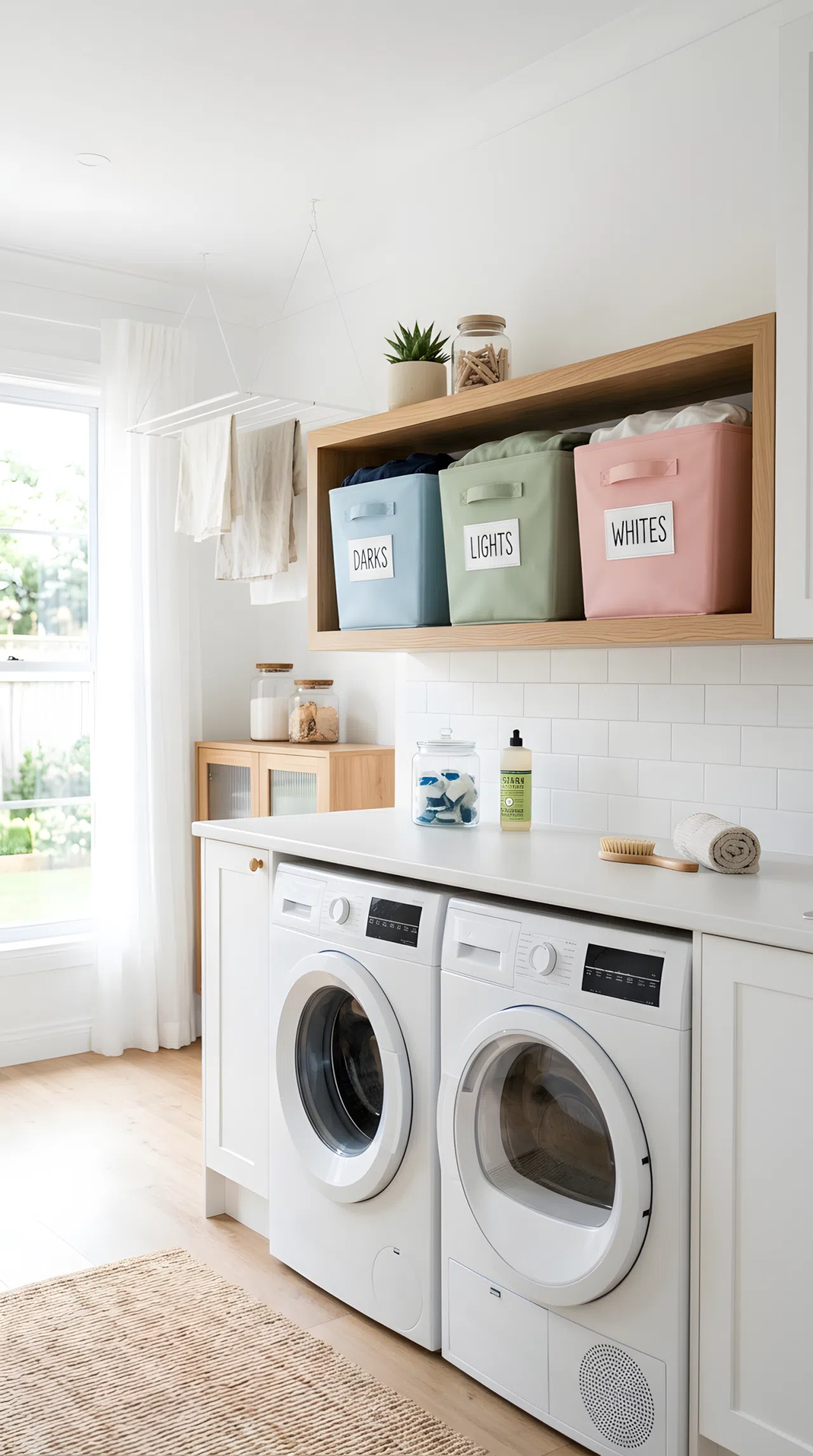 A real-life photo of a modern laundry room with three pastel sorting bins in soft blush pink (#F4C2C2), sage green (#B2C9AB), and powder blue (#B8D8E8), neatly arranged on an open shelf, labeled clearly, bright natural light, clean, organized, beautifully arranged, vibrant colors popping.