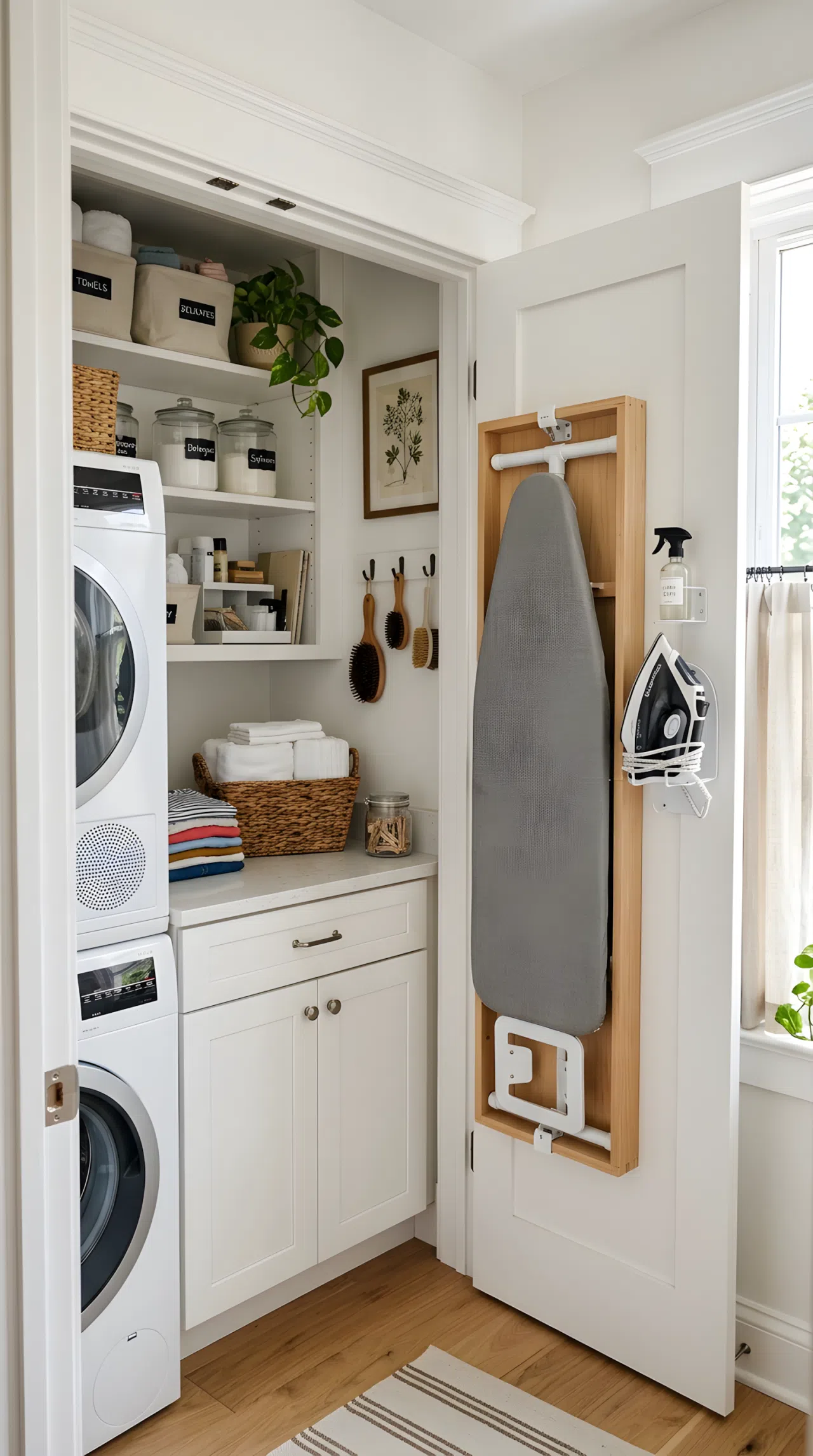 A real-life photo of a compact laundry closet with a built-in fold-down ironing board mounted on the wall, neatly folded, next to a small iron holder, clean white cabinetry, bright natural light, organized, beautifully arranged, cozy home setting.