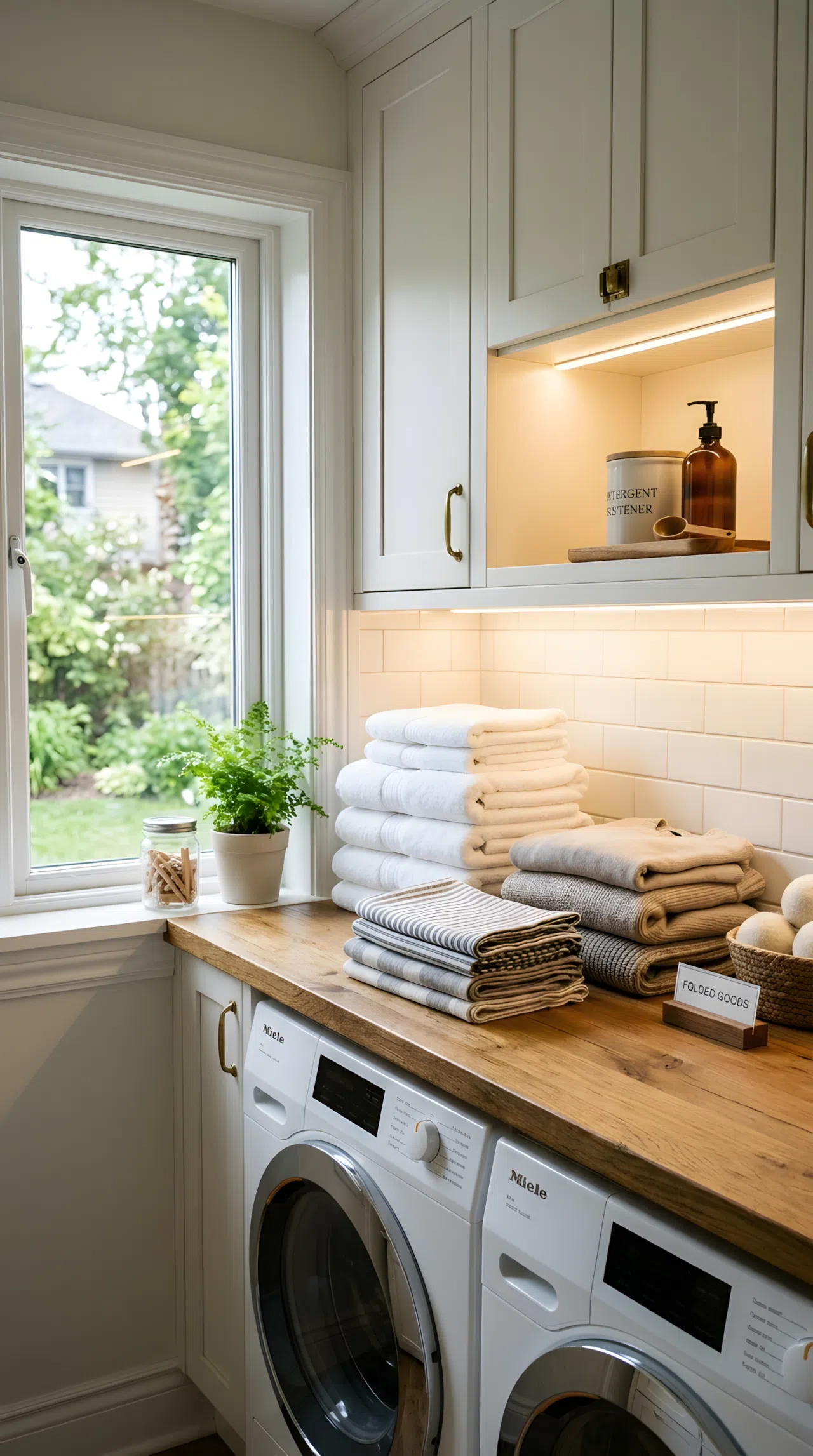 A real-life photo of a laundry countertop illuminated by warm under-cabinet LED strip lighting positioned directly above the workspace, casting even, shadow-free light across neatly folded clothes, bright natural light from a nearby window, clean, organized, beautifully arranged.