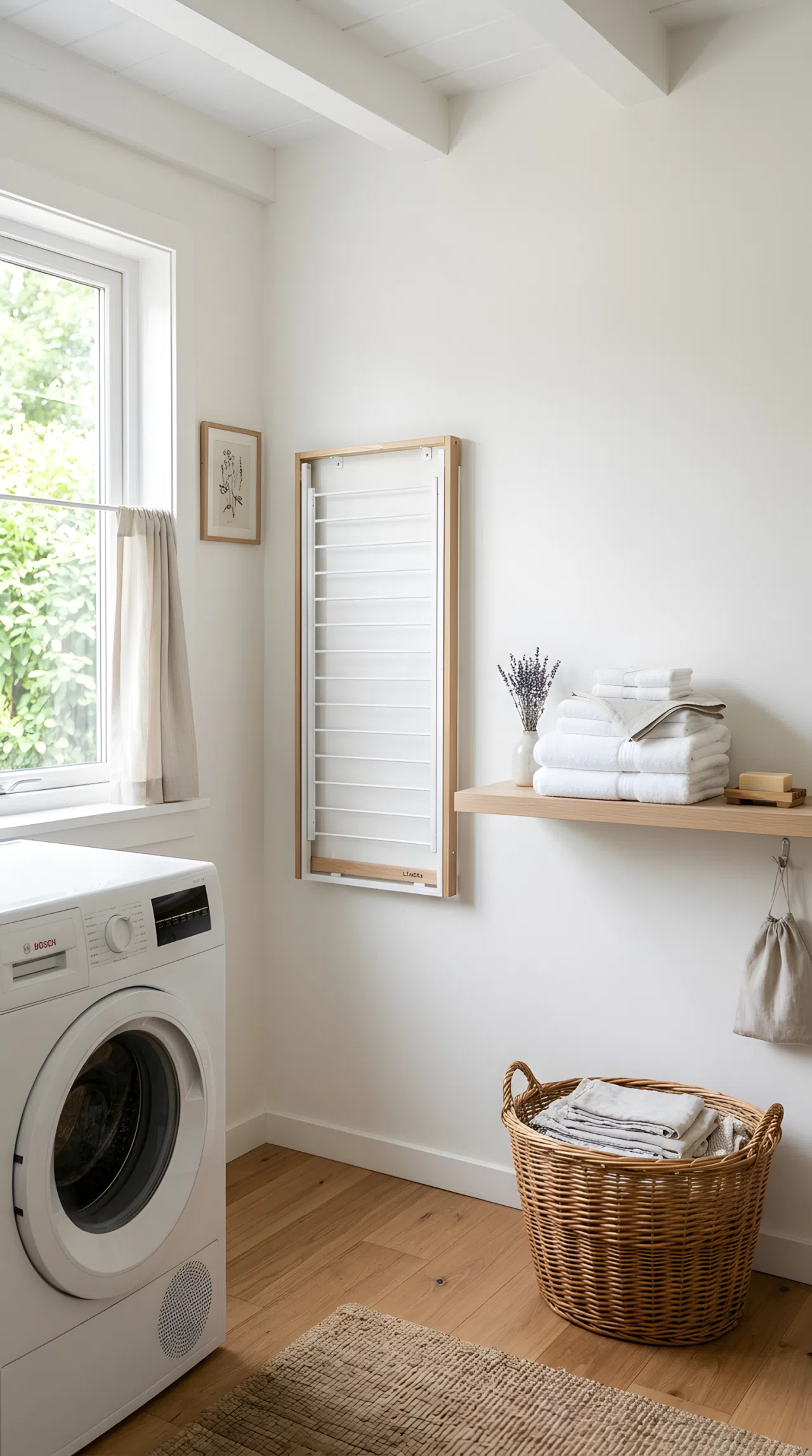 A real-life photo of a slim wall-mounted drying rack folded flat against a clean white laundry room wall, neatly made bed of towels hanging nearby, bright natural light, organized, beautifully arranged, minimalist and airy atmosphere.