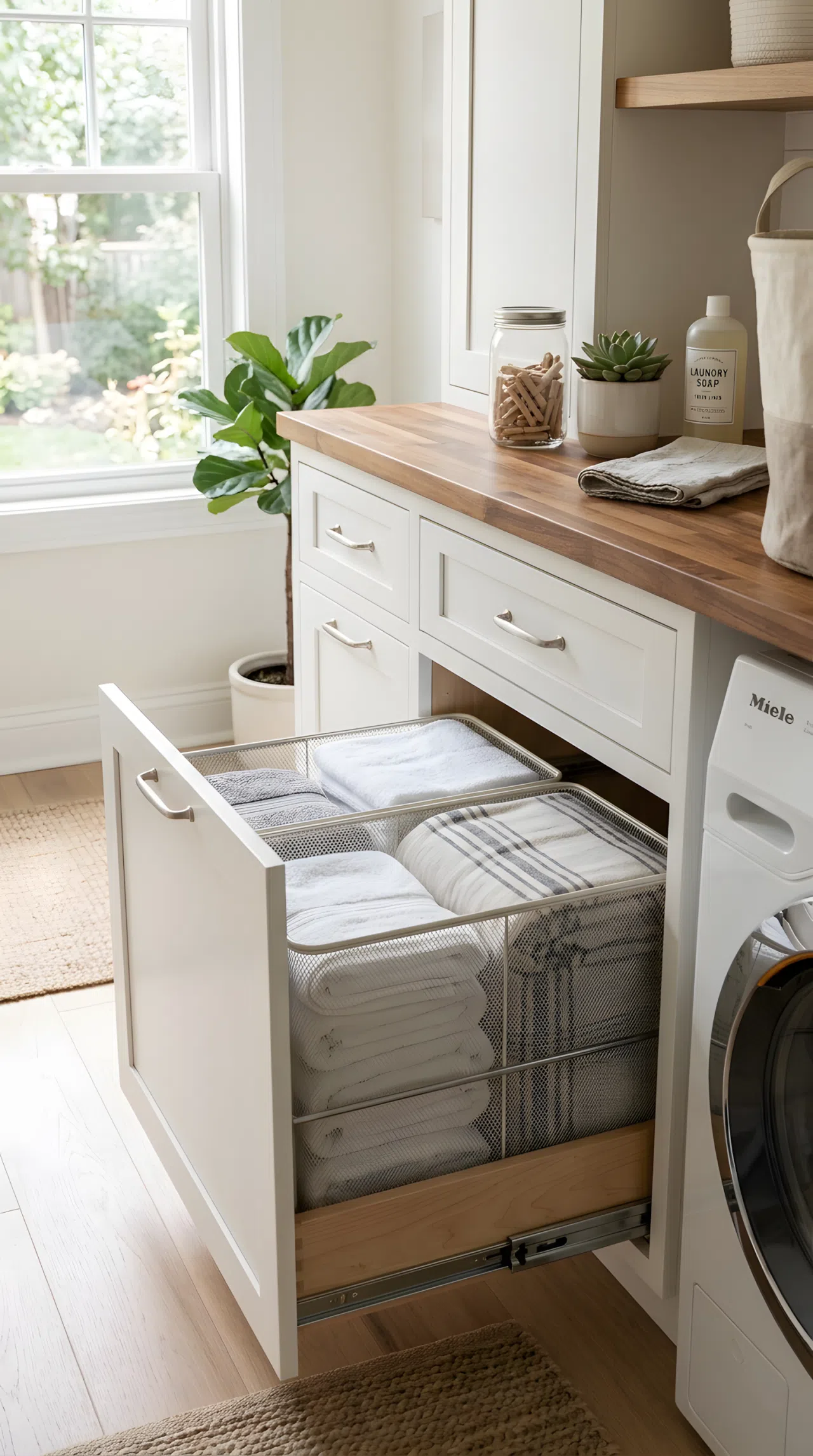 A real-life photo of built-in pull-out laundry hamper drawers with soft-close cabinetry, one drawer partially open showing neatly folded linens, bright natural light, clean, organized, beautifully arranged, cozy modern home.