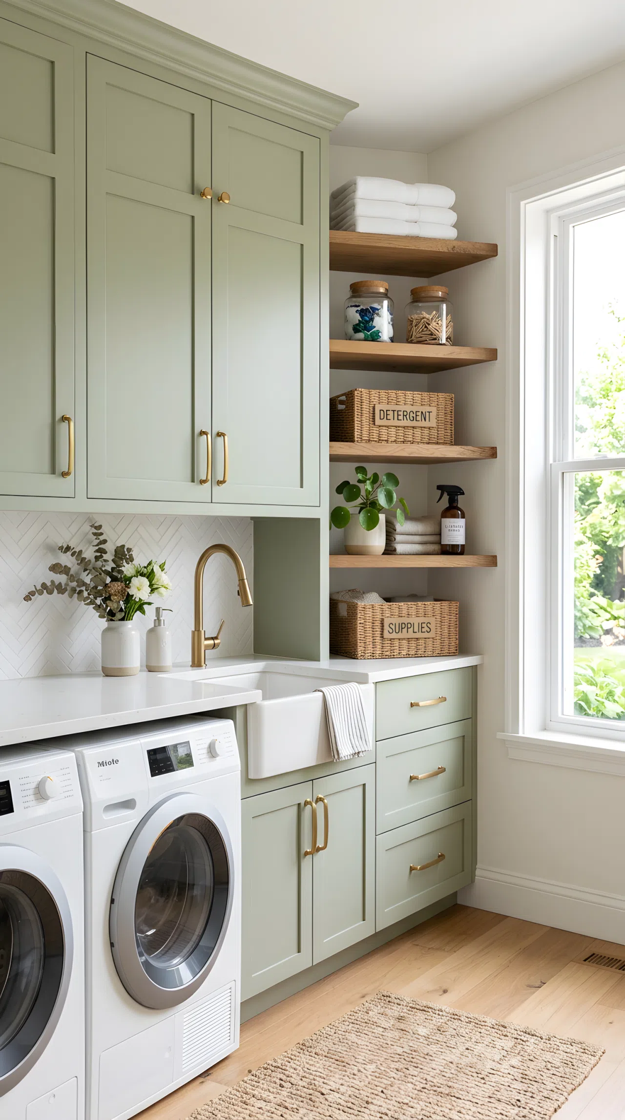 A real-life photo of sage green laundry room cabinetry in color #9CAF88 with brushed brass handles in warm gold tone #B08D57, neatly arranged shelves nearby, bright natural light, clean, organized, beautifully arranged, vibrant and warm atmosphere.