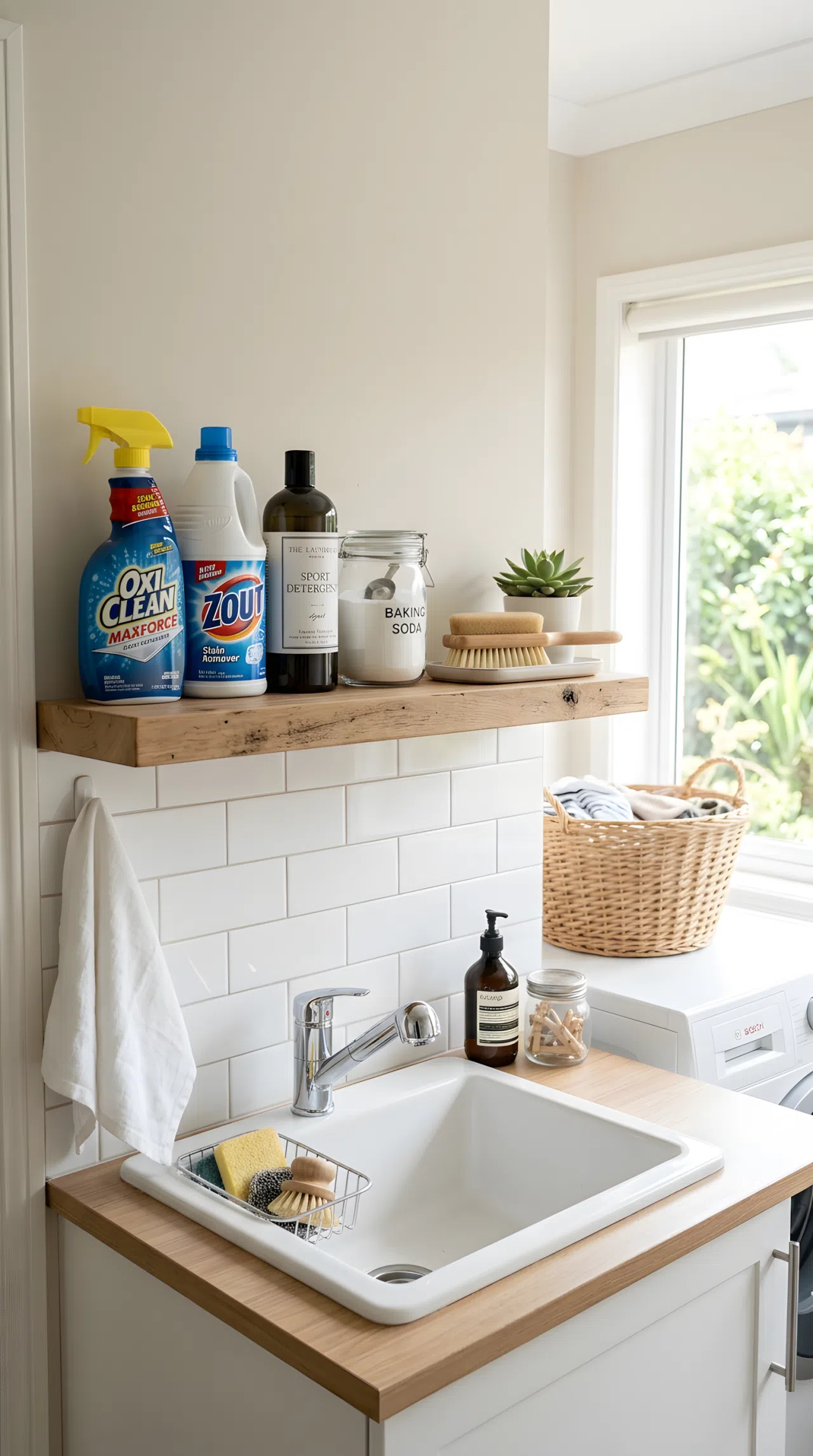 A real-life photo of a small utility sink in a laundry room with stain-removal bottles and a soft brush neatly lined up on an open shelf above, bright natural light, clean, organized, beautifully arranged, fresh and tidy atmosphere.