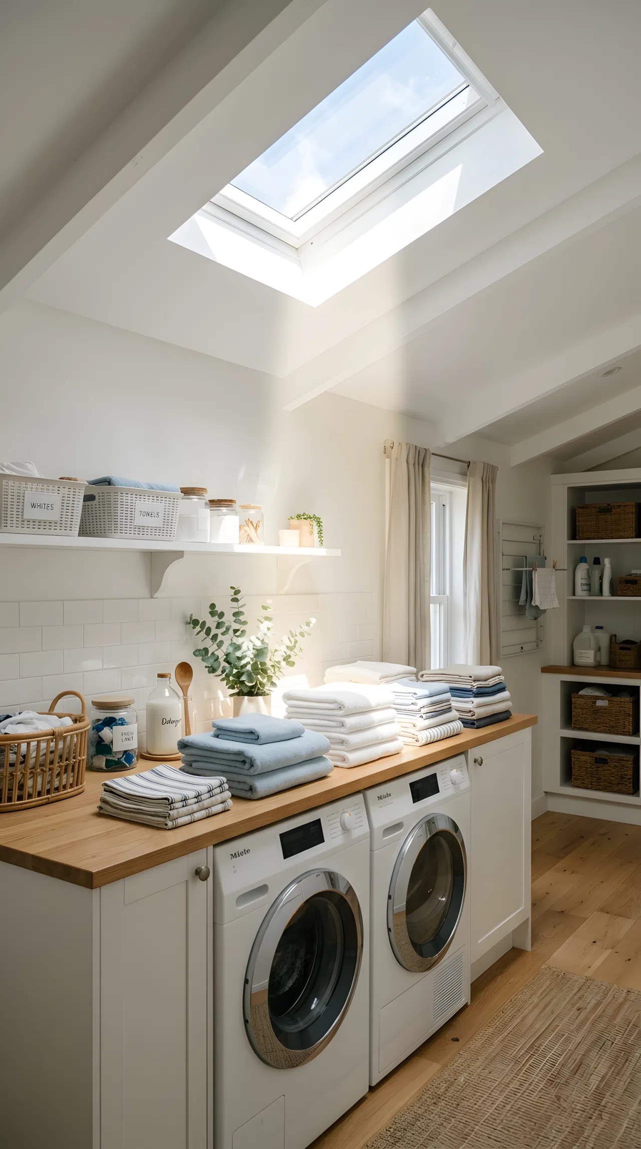 A real-life photo of a laundry room with a skylight positioned directly above a folding counter, sunlight streaming down in a soft beam onto neatly folded laundry, bright natural light, clean, organized, beautifully arranged, airy fresh atmosphere.