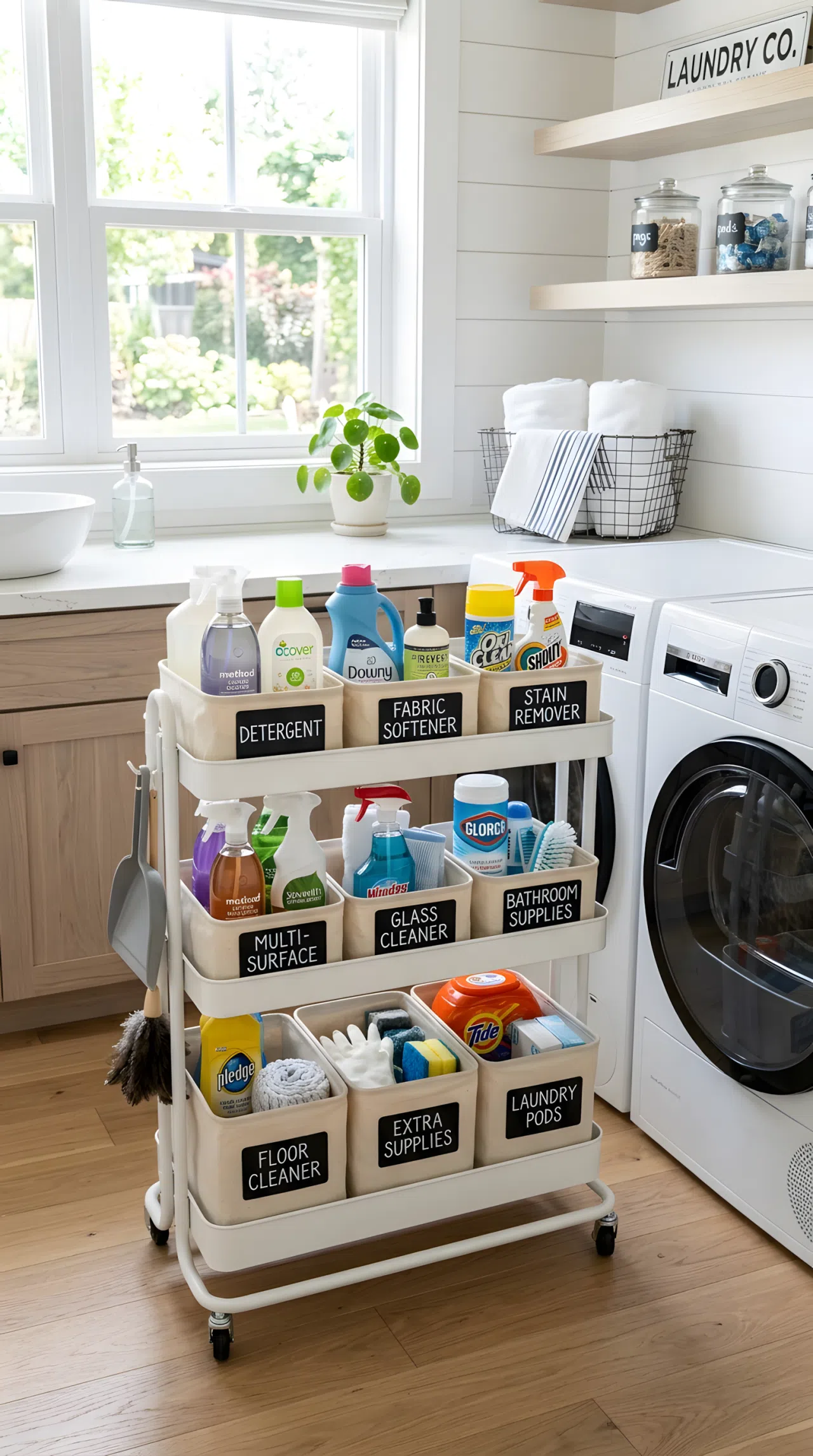 A real-life photo of a slim three-tier rolling cart in a laundry room with labeled bins holding cleaning supplies, neatly arranged, bright natural light, clean, organized, beautifully arranged, fresh modern home setting.
