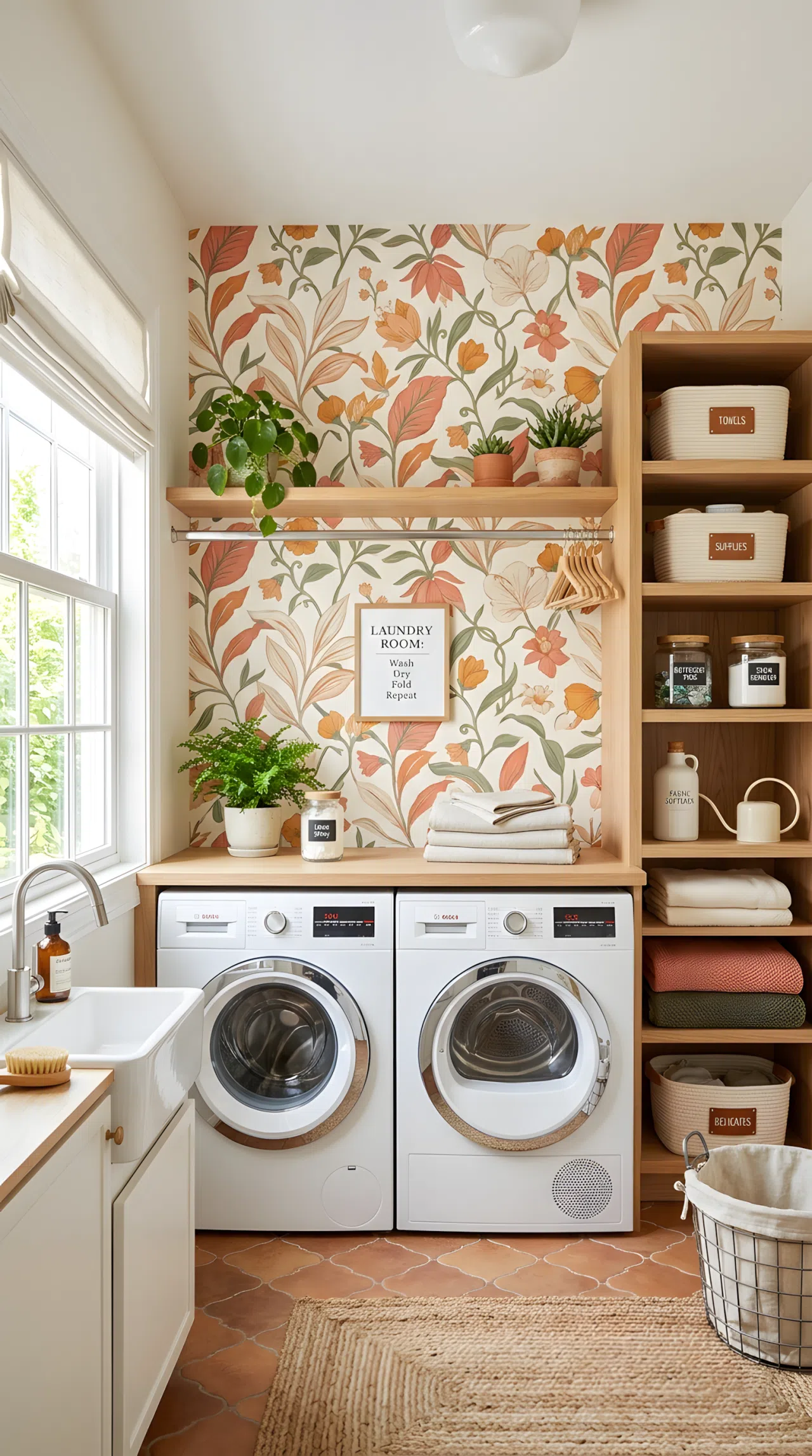A real-life photo of a laundry room with a vibrant botanical print wallpaper in coral #E8846B and cream tones behind white washer and dryer units, neatly arranged shelf beside it, bright natural light, clean, organized, beautifully arranged.