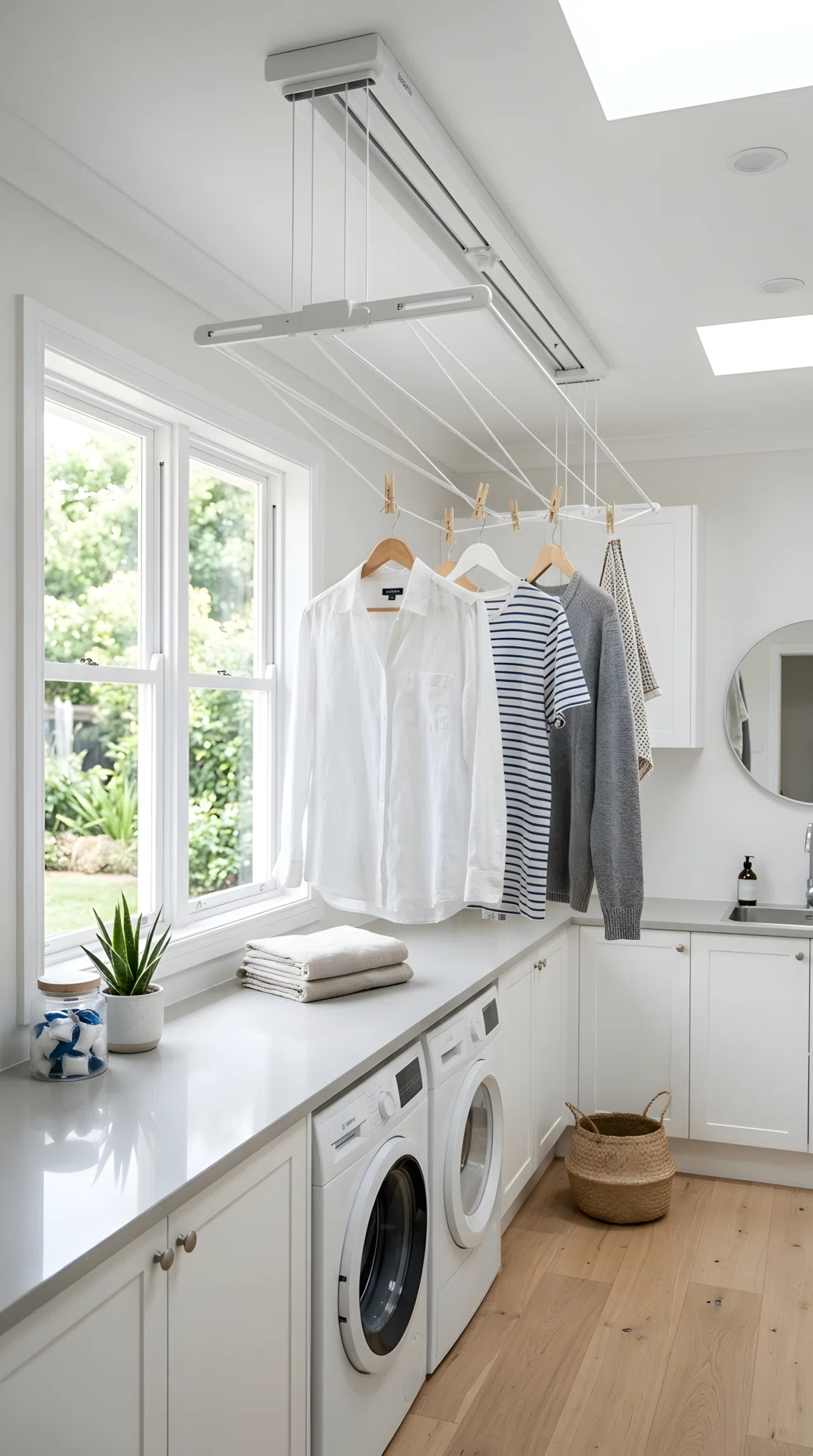 A real-life photo of a retractable ceiling-mounted clothesline partially extended in a bright laundry room, a few neatly hung garments drying, bright natural light, clean, organized, beautifully arranged, airy minimalist space.