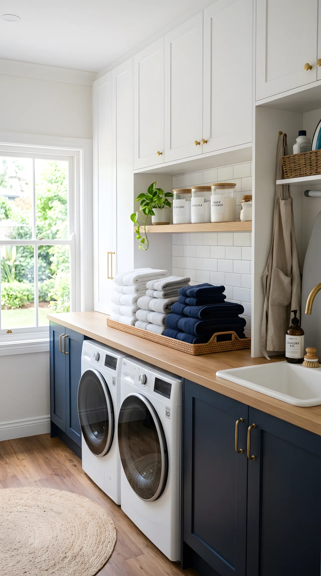 A real-life photo of a laundry room with white upper cabinets and navy blue lower cabinets in color #2C3E50, neatly arranged folded towels on the counter between them, bright natural light, clean, organized, beautifully arranged, vibrant contrast.