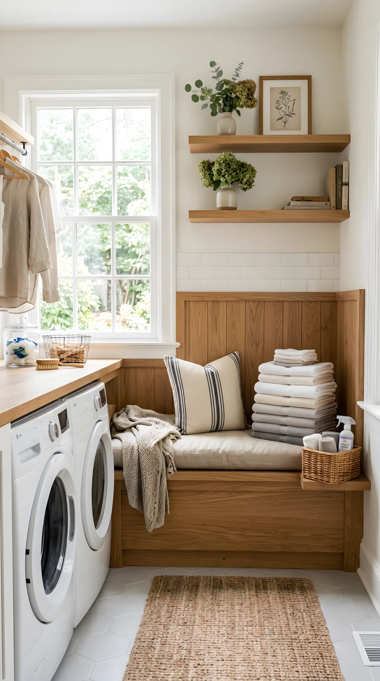 A real-life photo of a built-in wooden bench nook in a laundry room with a soft cushion and neatly folded towels stacked beside it, bright natural light, clean, organized, beautifully arranged, cozy inviting atmosphere.