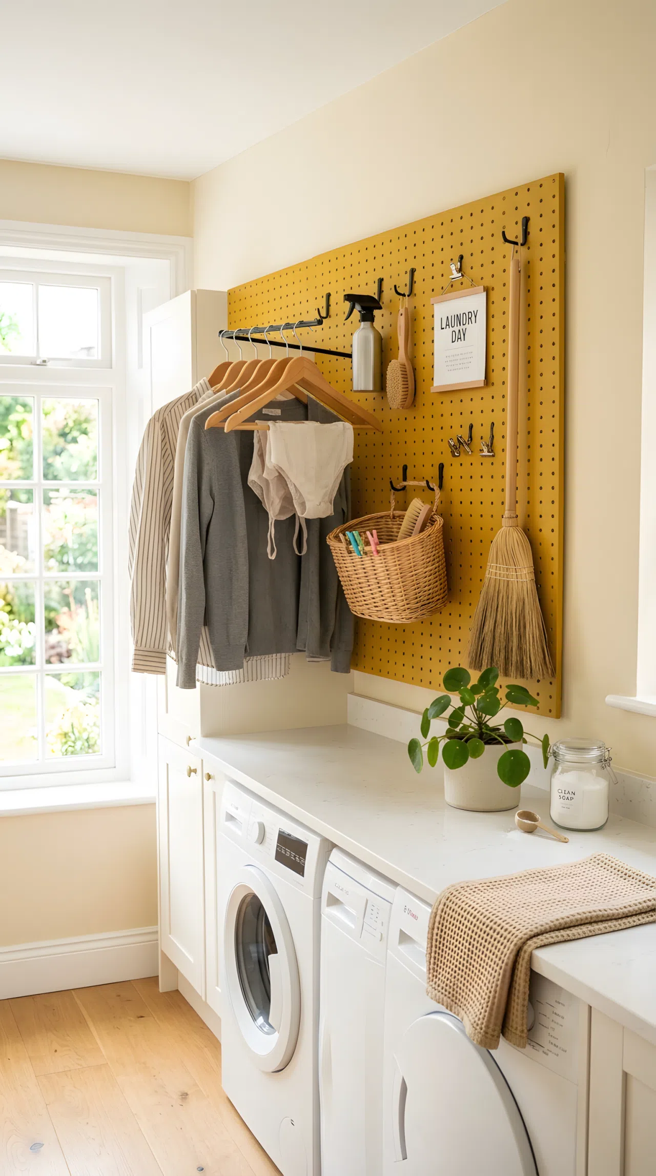 A real-life photo of a mustard yellow pegboard wall in a laundry room with neatly hung hooks holding hangers, a small basket, and a broom, bright natural light, clean, organized, beautifully arranged, vibrant cheerful color.
