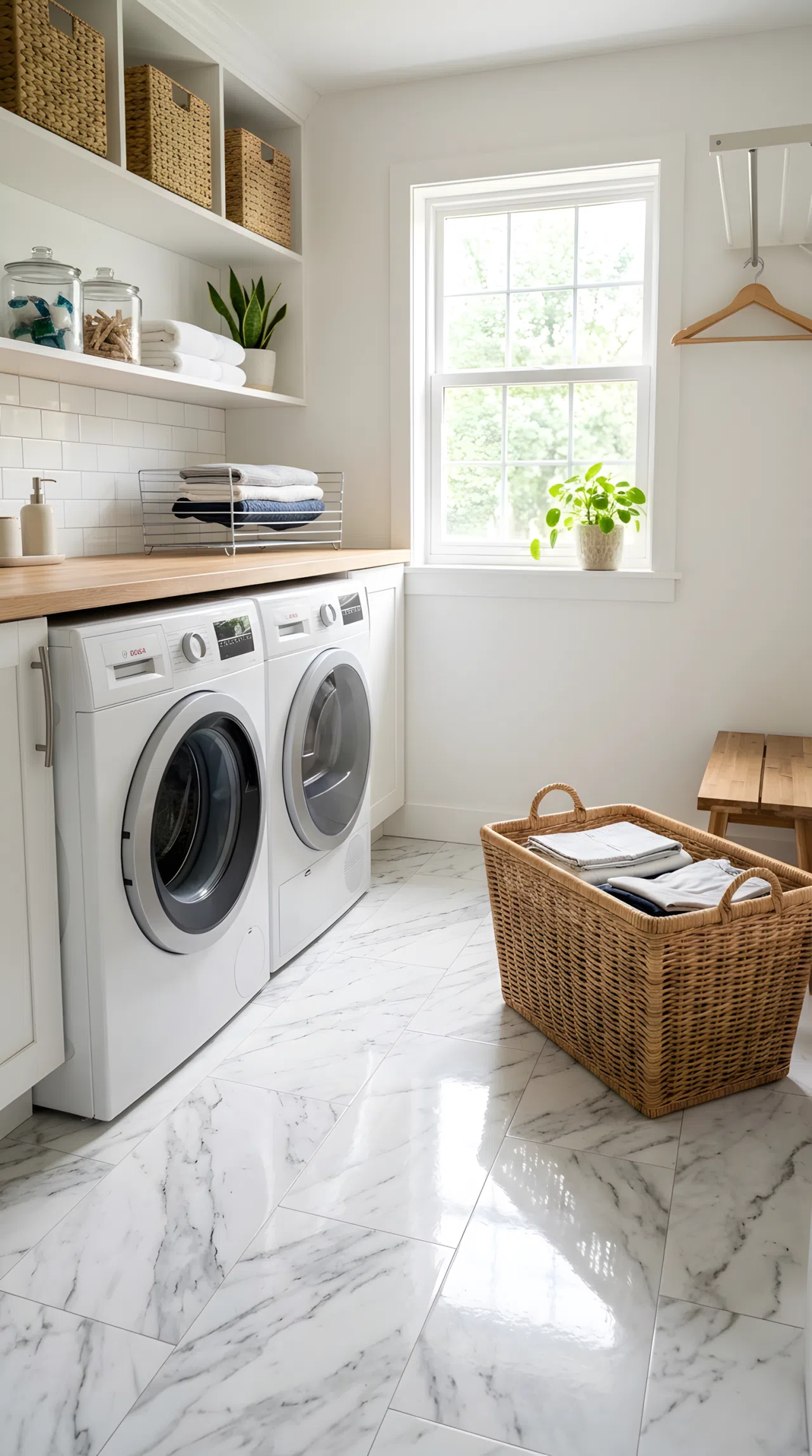 A real-life photo of a laundry room with white and grey marble-look peel-and-stick floor tiles, neatly arranged laundry basket resting nearby, bright natural light reflecting off the floor, clean, organized, beautifully arranged.
