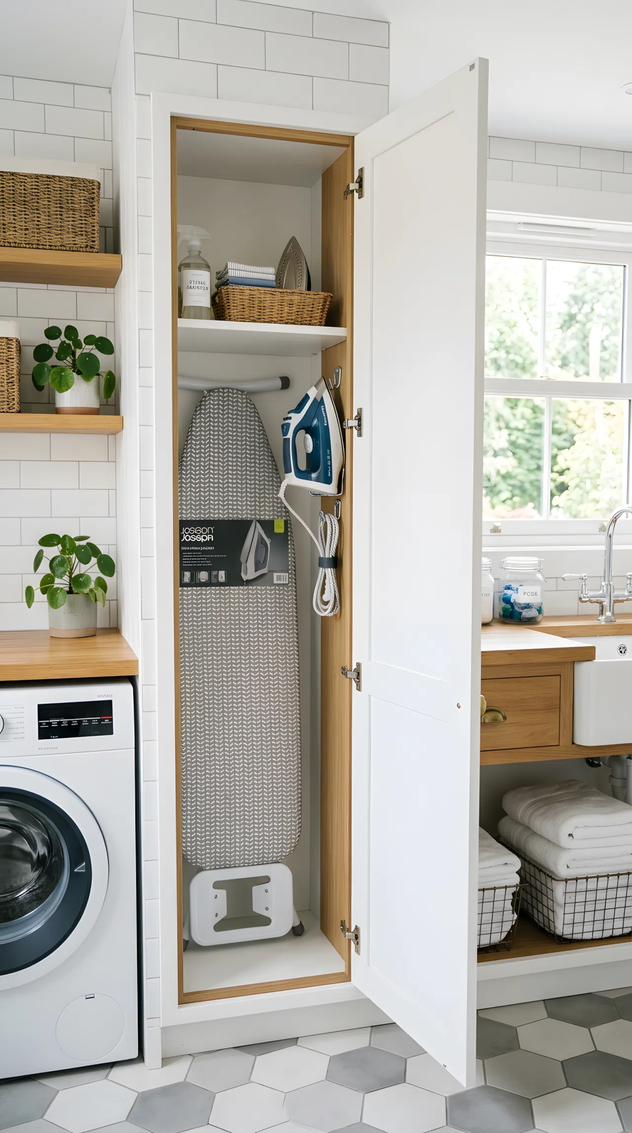 A real-life photo of a slim built-in cabinet in a laundry room with the door open showing an ironing board stored neatly upright, an iron hung on a small hook beside it, bright natural light, clean, organized, beautifully arranged.