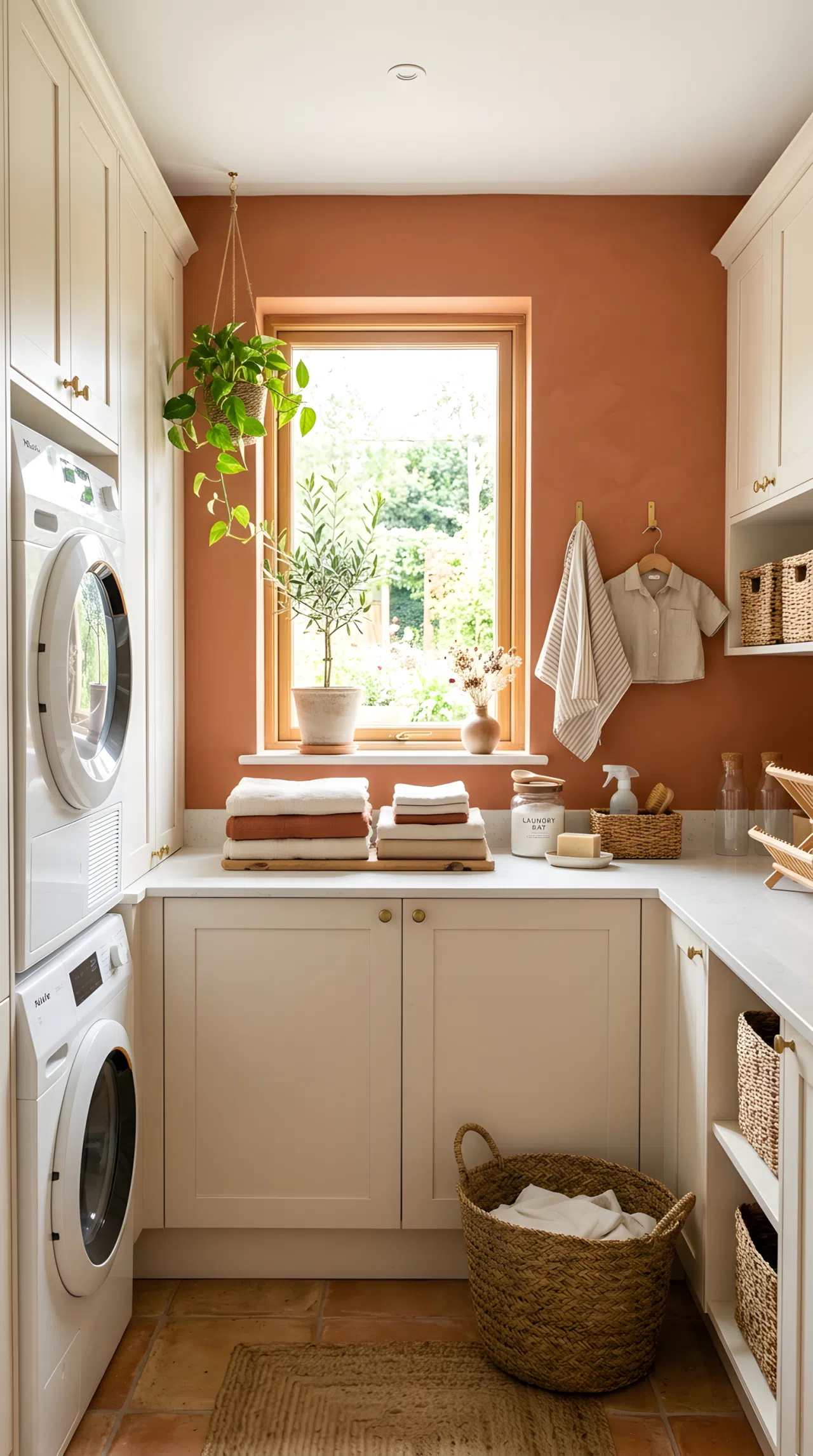 A real-life photo of a laundry room with terracotta accent wall in color #C87858 and cream cabinetry in #F5EFE6, neatly folded linen towels on the counter, bright natural light, clean, organized, beautifully arranged, warm vibrant tones.
