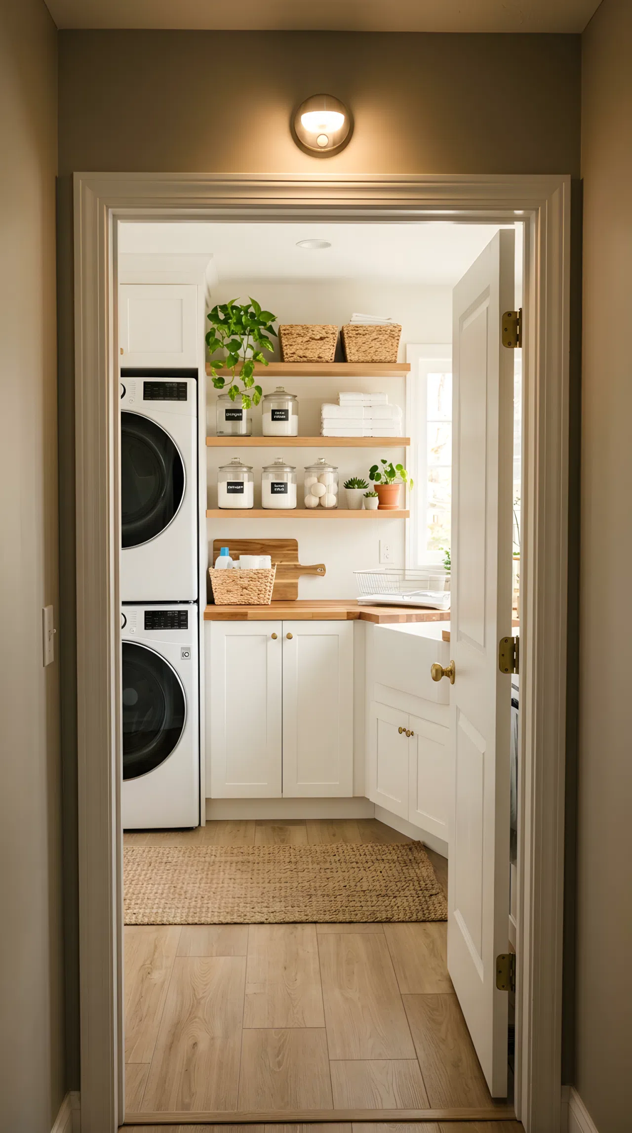 A real-life photo of a laundry room entryway with a small motion-sensor light fixture mounted above the door frame, softly illuminating the space as someone steps in, bright natural light blending with the fixture's glow, clean, organized, beautifully arranged.