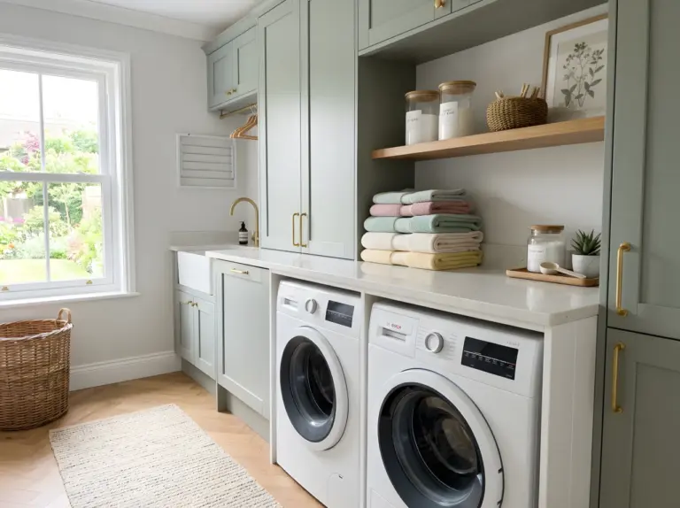 A real-life photo of a bright, modern laundry room styled for Pinterest, neatly folded pastel-colored towels stacked on a floating quartz countertop above a stacked front-load washer and dryer, soft sage green cabinetry with brass hardware in the background, a small woven basket and glass detergent jars neatly arranged on an open shelf, bright natural light streaming in from a nearby window, clean, organized, beautifully arranged, vibrant yet soft color palette, cozy and inviting real-life home setting, no people visible.
