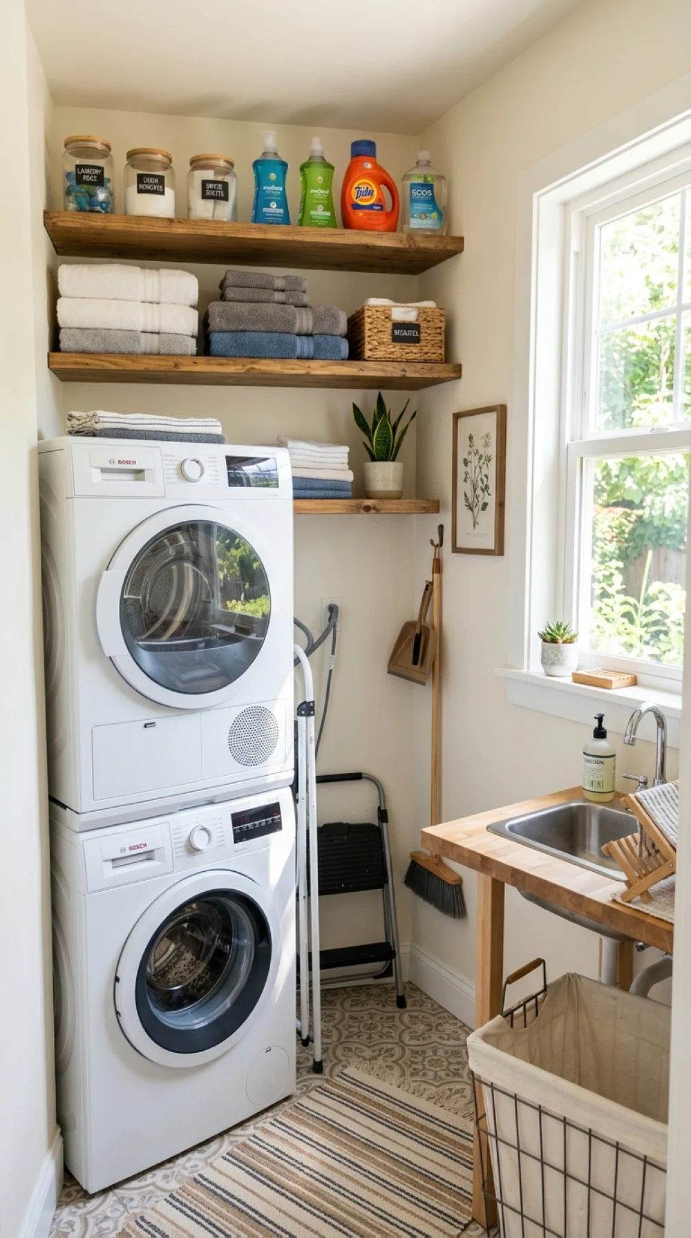 A real-life photo of a narrow laundry room with a stacked washer and dryer, open wooden shelves above holding neatly arranged detergent bottles and folded towels, neatly made, beautifully arranged, organized, clean, bright natural light streaming through a nearby window, vibrant colors, stock photo style, no illustration.