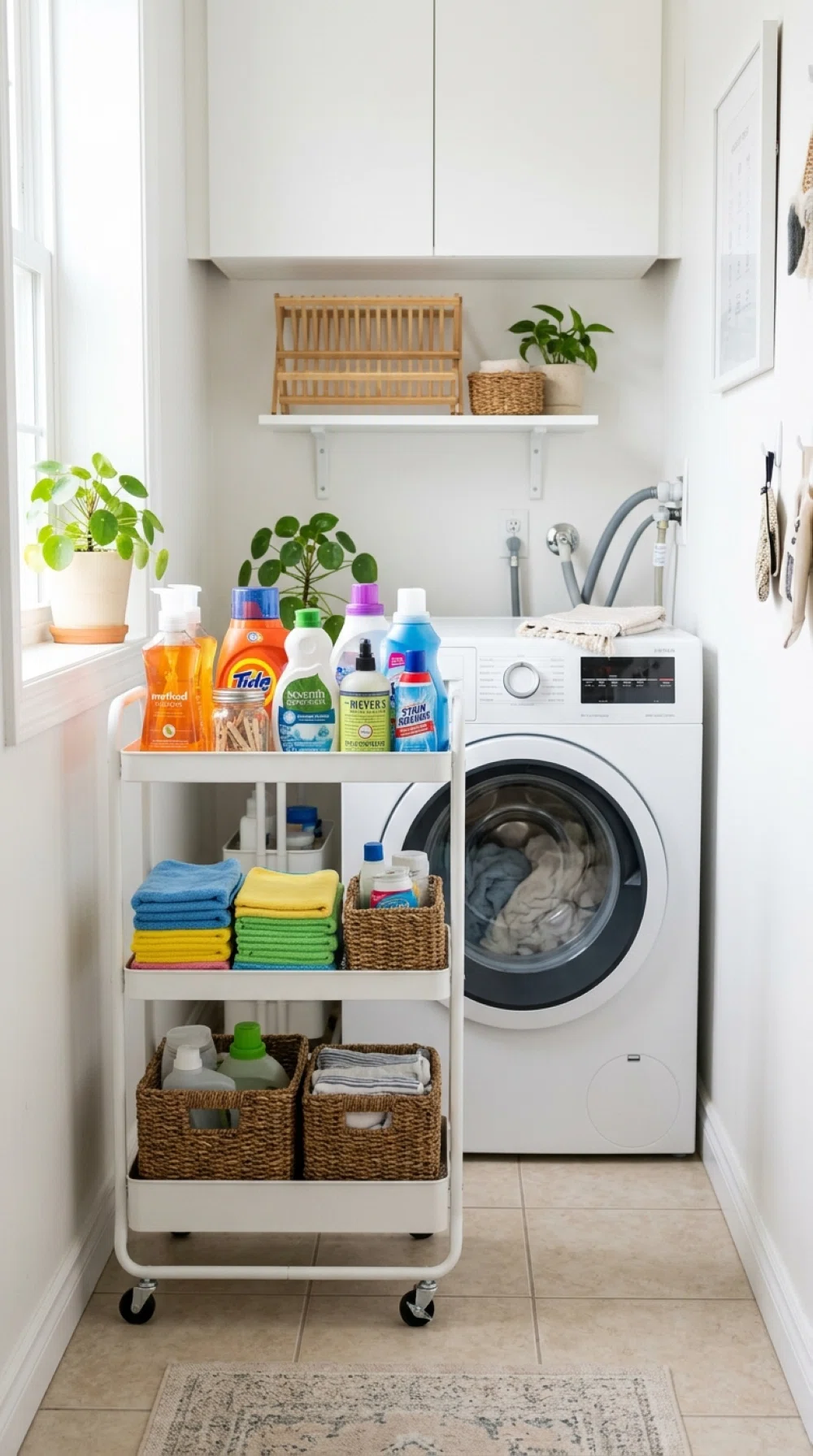 A real-life photo of a slim three-tier rolling storage cart beside a washing machine in a narrow laundry room, holding neatly arranged detergent bottles, folded cloths, and small baskets, beautifully organized, clean, bright natural light, vibrant colors, candid stock photo style, no illustration.
