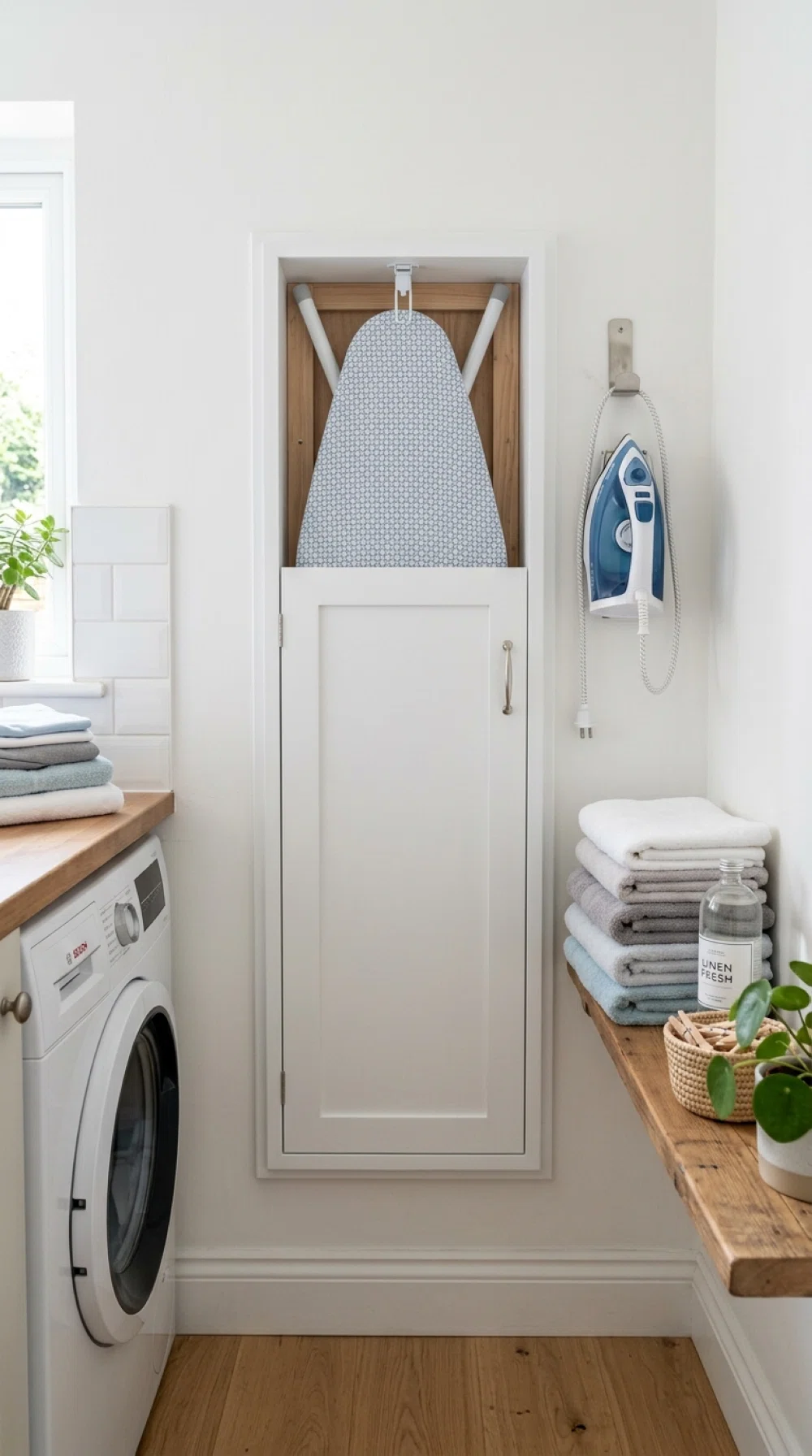 A real-life photo of a wall-mounted fold-down ironing board in a narrow laundry room, neatly folded flat against a clean wall with a small iron hanging on a nearby hook, organized, beautifully arranged, bright natural light, vibrant colors, realistic stock photography, no illustration.