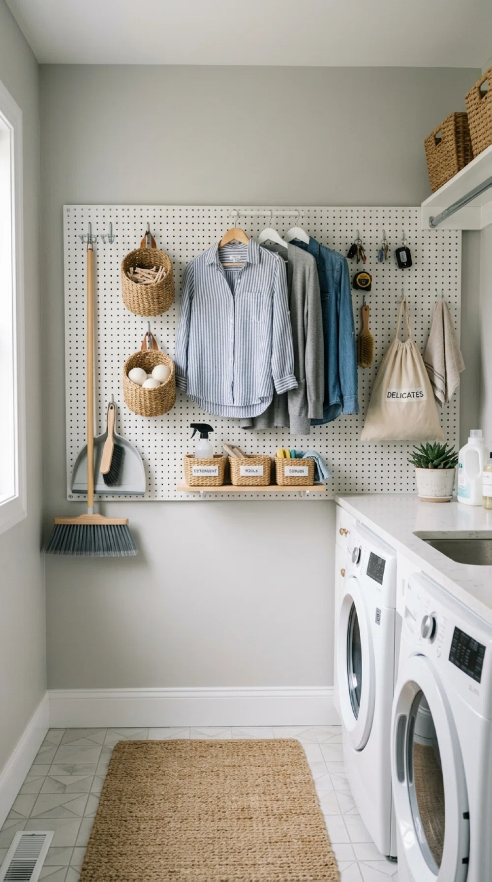 A real-life photo of a pegboard wall in a narrow laundry room, neatly holding a broom, small woven baskets, and hanging clothes on hooks, beautifully arranged, clean, organized, bright natural light, vibrant colors, authentic stock photo style, no illustration.