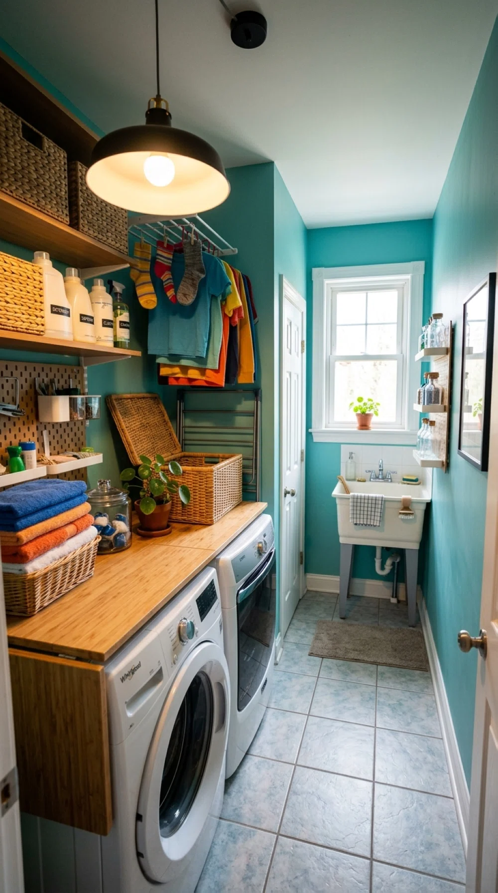 A real-life photo of a narrow laundry room lit by two separate light sources, one bright pendant light near the folding counter and soft natural window light near the sink area, both ends of the room clearly illuminated, neatly made, organized, clean, vibrant colors, realistic stock photo style, no illustration.